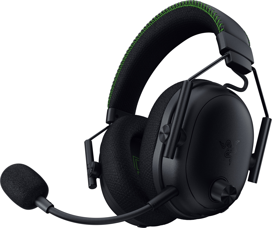 Schwarzes Razer-Gaming-Headset mit grünen Nähten am Bügel und einem Mikrofon. Razer-Logo auf der Ohrmuschel.