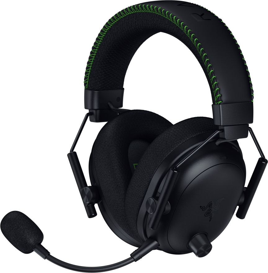 Schwarzes Razer-Gaming-Headset mit grün genähtem Stirnband und Mikrofon. Die Ohrmuscheln sind ebenfalls schwarz.