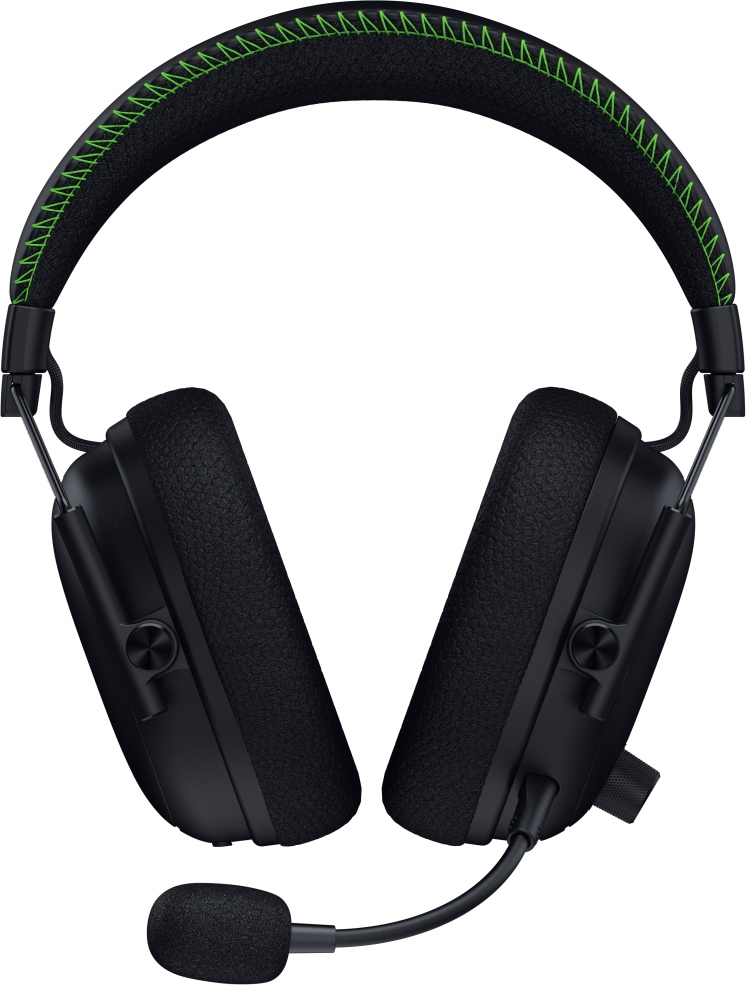 Schwarzes Gaming-Headset mit grünen Nähten am Bügel und Mikrofon. Große, gepolsterte Ohrmuscheln.