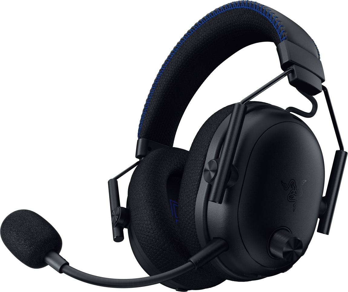 Cuffie da gioco Razer nere con microfono. Cuciture blu sull'archetto, logo Razer sul padiglione e controllo del volume.