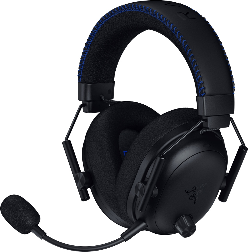 Cuffie da gioco Razer nere. Presentano cuciture blu sulla fascia e un microfono staccabile. Logo Razer sui padiglioni.