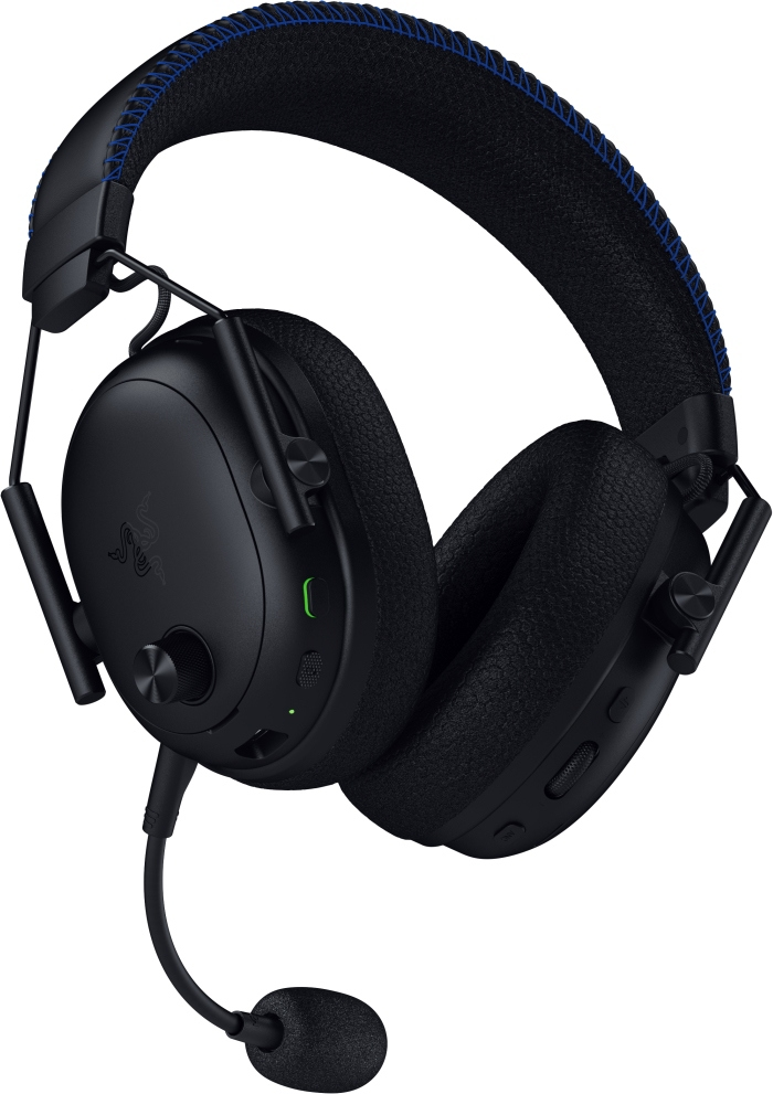 Cuffie da gioco Razer nere con microfono. Presenta cuciture blu sulla fascia e una manopola del volume.