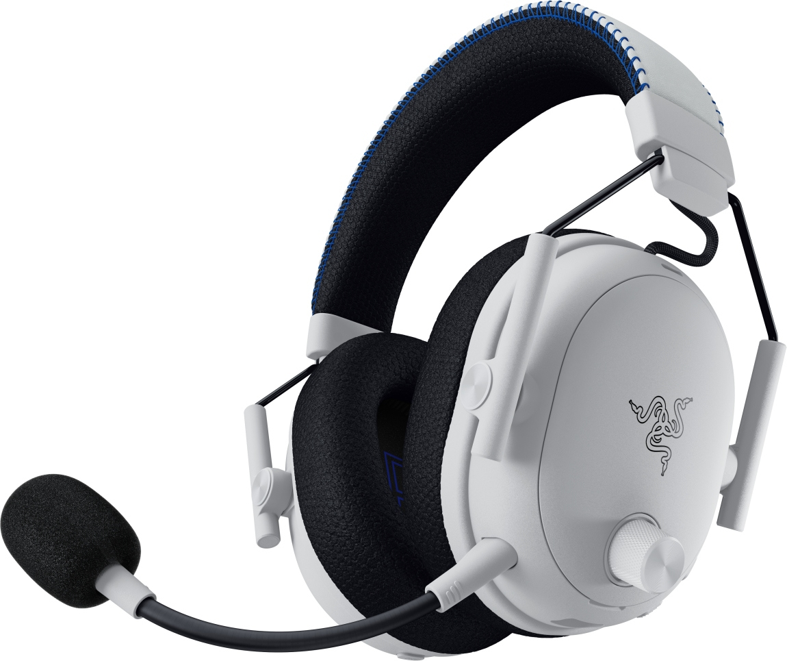 Weißes Razer-Gaming-Headset mit schwarzen Ohrmuscheln und Mikrofon. Blaue Nähte am Kopfbügel. Razer-Logo sichtbar.