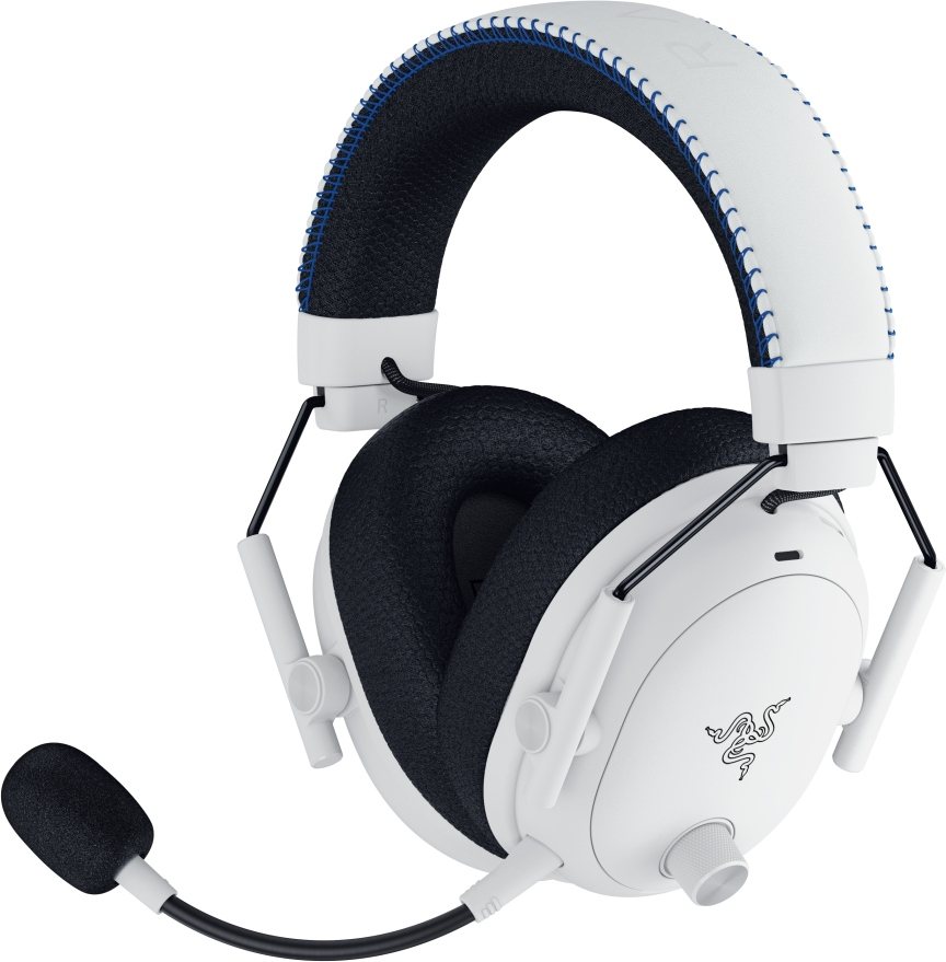 Weißes Gaming-Headset mit schwarzen Ohrmuscheln und Mikrofon. Blaue Nähte auf dem Stirnband.