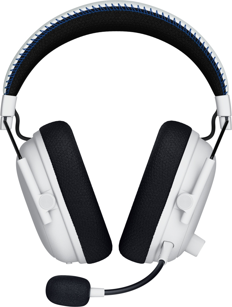 Weißes und schwarzes Gaming-Headset. Blaue Nähte am Kopfbügel. Schwarze Ohrmuscheln und Mikrofon. Lautstärkeregler.
