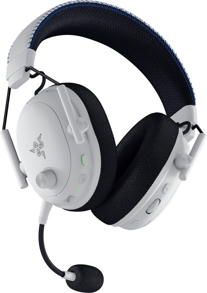 Weißes und schwarzes Gaming-Headset. Verfügt über ein Mikrofon, Ohrmuscheln und ein verstellbares Kopfband mit blauen Nähten.