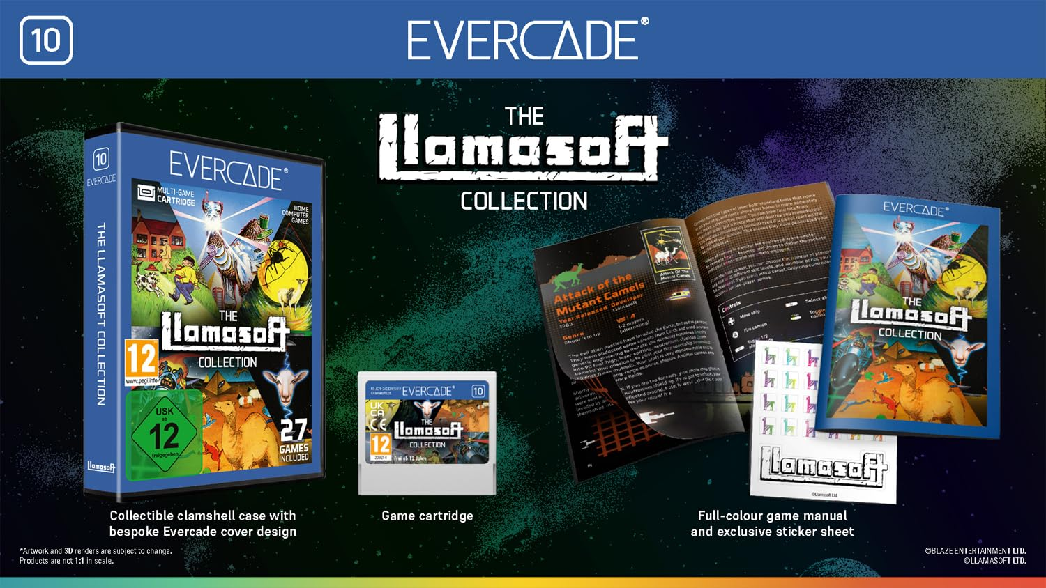 Boîte de jeu Evercade The Llamasoft Collection, cartouche, manuel et autocollants. Avec illustrations de jeu, chameaux et lamas.