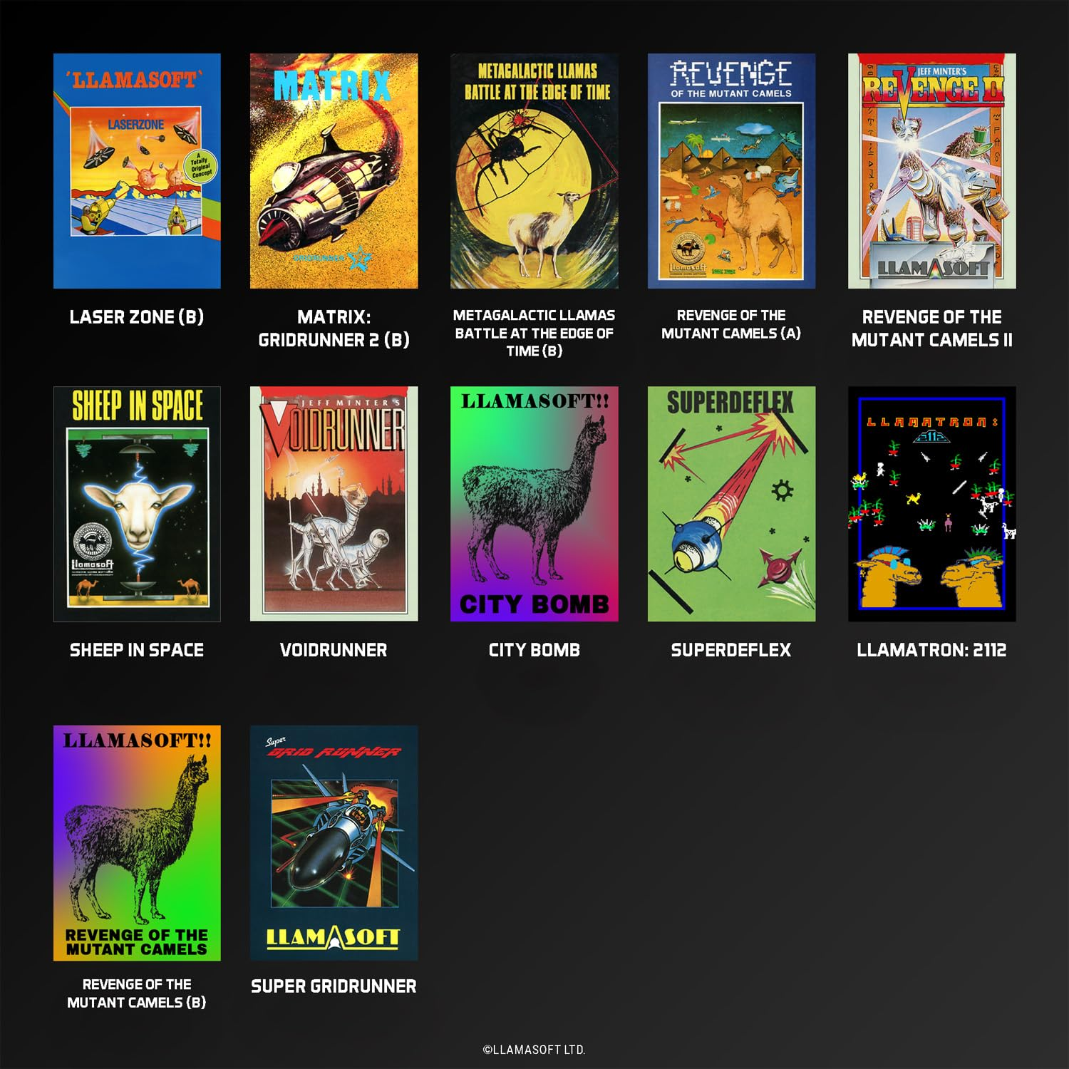 Collection de couvertures de jeux Llamasoft, divers designs avec des lamas, des vaisseaux spatiaux et de l'art abstrait sur fonds sombres.