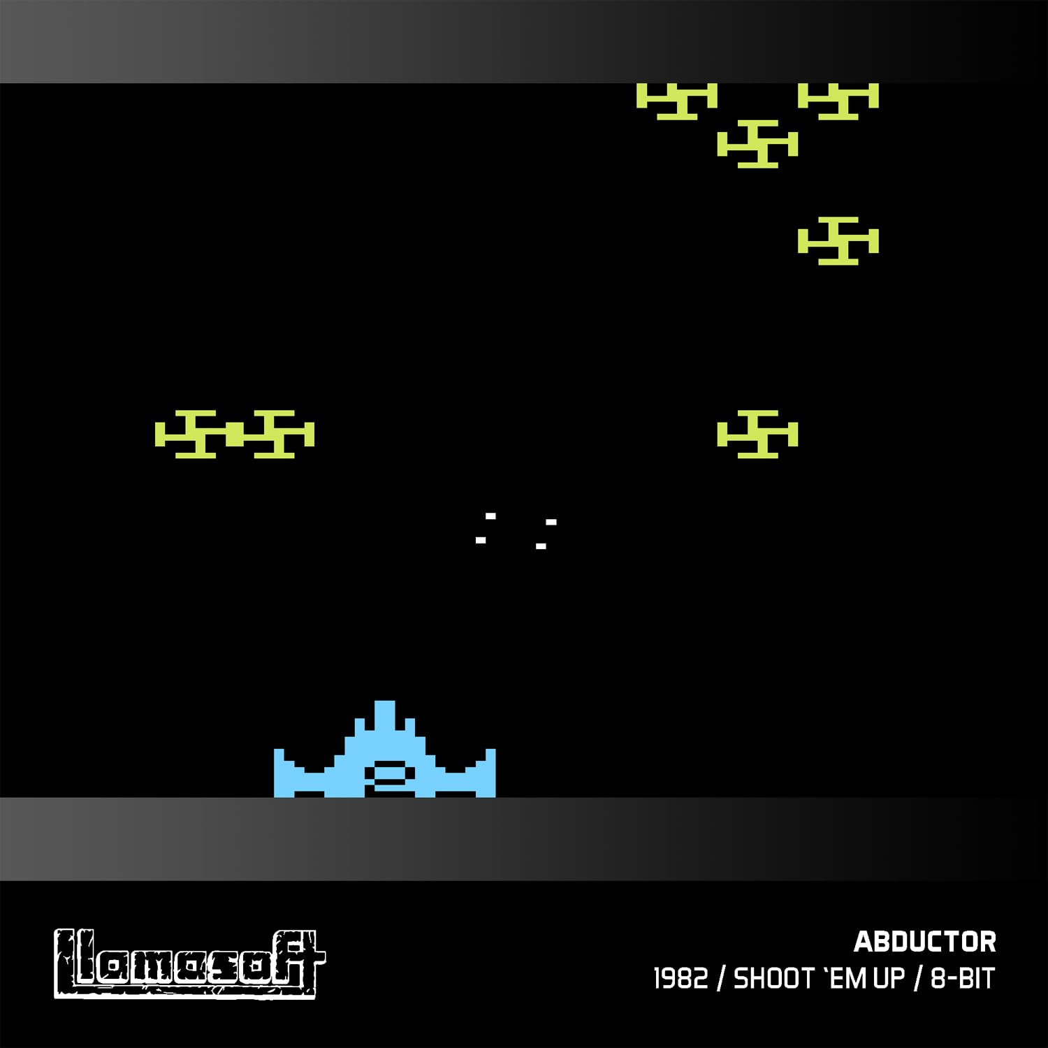 Scène de jeu 8 bits. Un vaisseau spatial bleu en bas tire sur des vaisseaux extraterrestres jaunes. Fond noir avec info du jeu en bas.