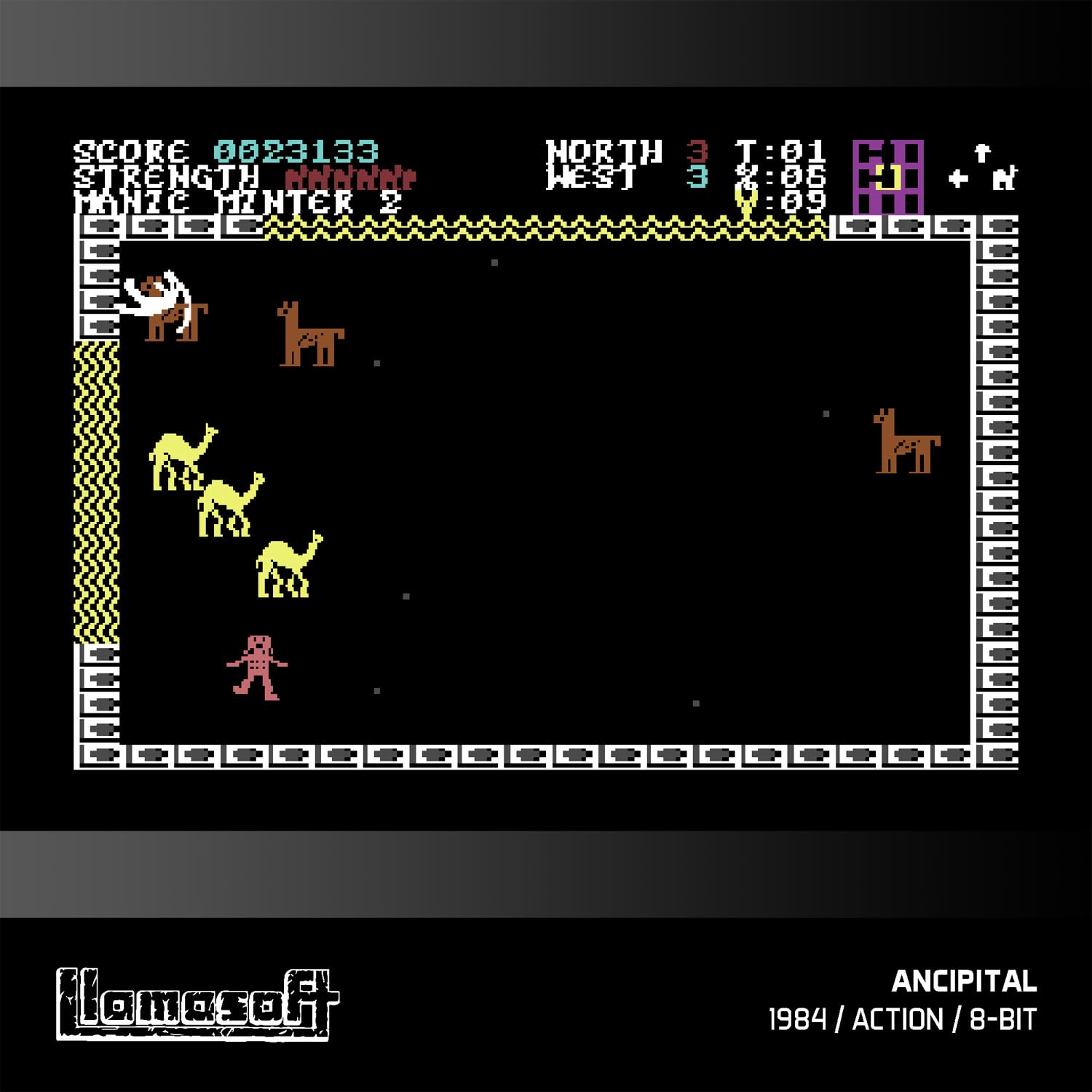 Écran de jeu vidéo rétro. Montre des chameaux, une figurine et des statistiques de jeu. Le jeu s'intitule 'Manic Miner 2' et est de Llamasoft.