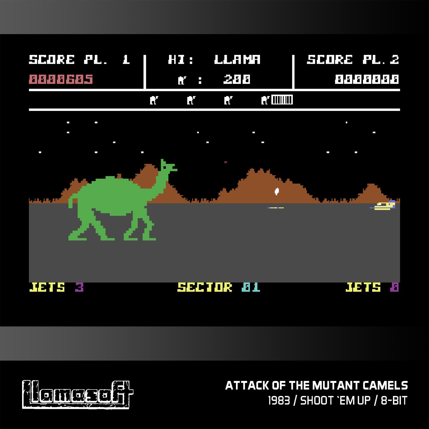 Un écran de jeu 8 bits. Un chameau vert est à gauche. Le titre du jeu est 'Attack of the Mutant Camels'.