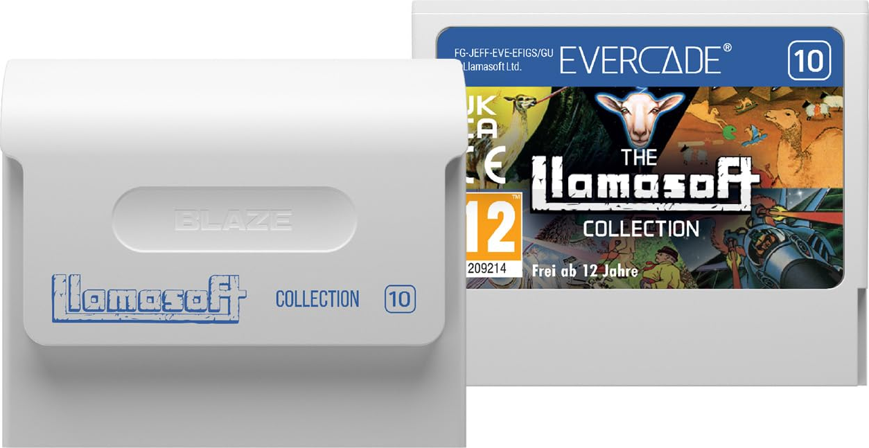 Un étui blanc pour cartouche Evercade avec une cartouche de jeu mettant en vedette Llamasoft Collection. L'étui porte le mot BLAZE.