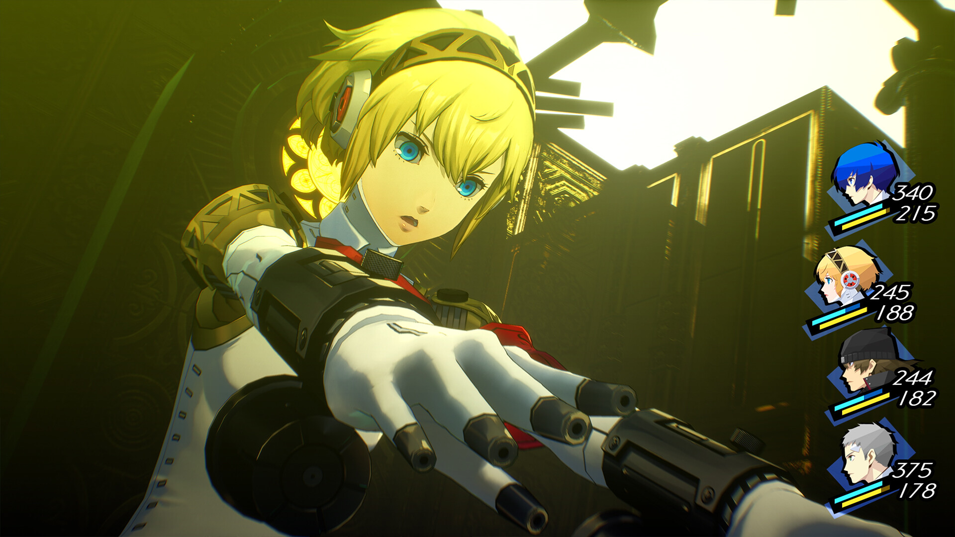 Personnage d'anime aux cheveux blonds et yeux bleus, portant un uniforme blanc, tendant la main vers le spectateur. Le fond montre le bâtiment et les informations sur le personnage.