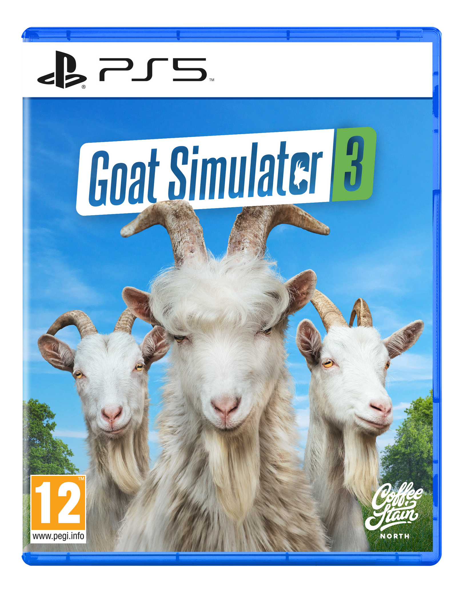 Goat Simulator 3-Spielcover. Drei Ziegen mit Hörnern vor blauem Himmel. Spieletitel ist sichtbar. PS5-Logo oben links.