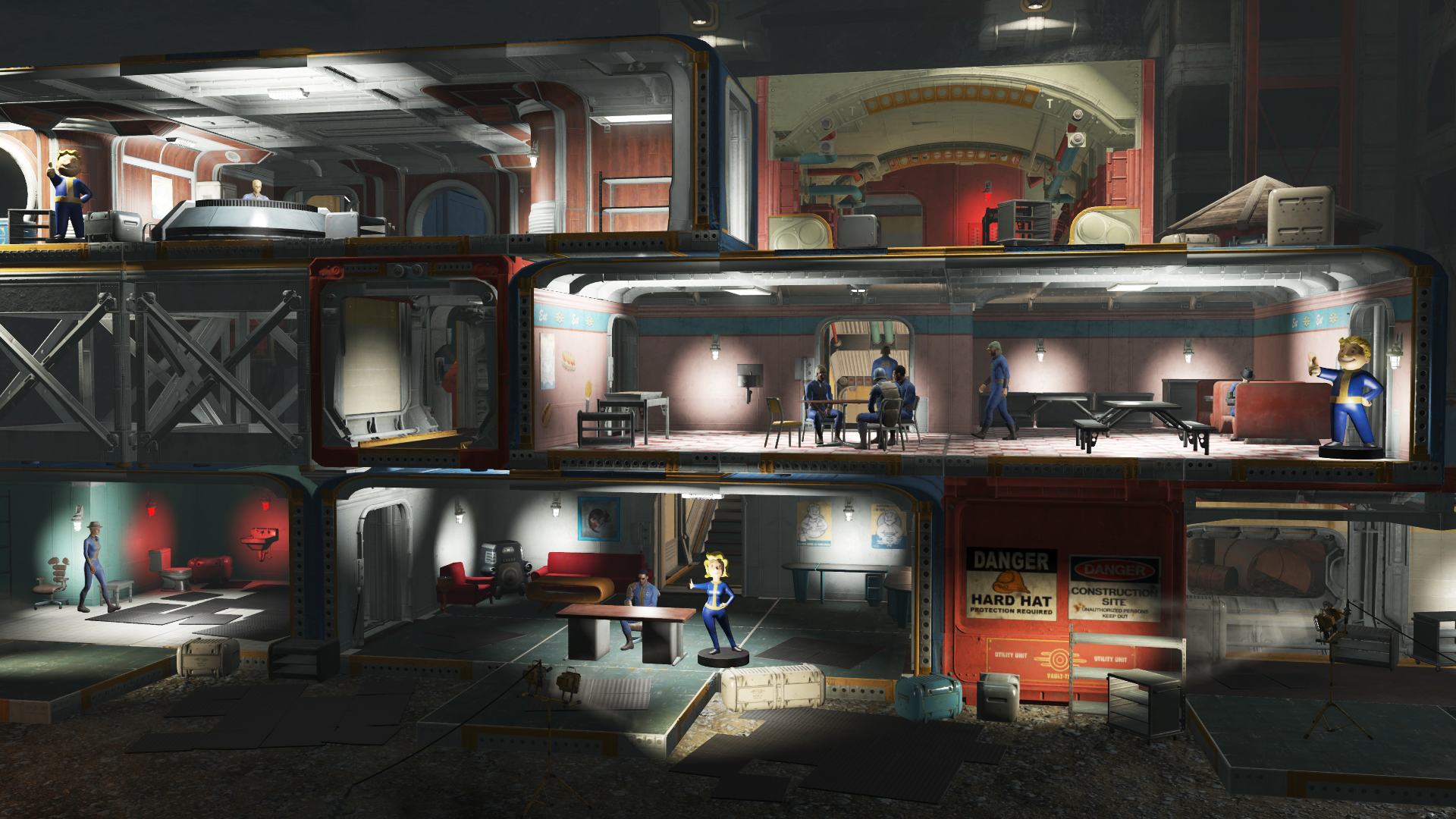 Una scena interna multilivello. Sono presenti figure in tuta blu. Sono visibili anche figure di Vault Boy. Varie stanze con mobili e cartelli.