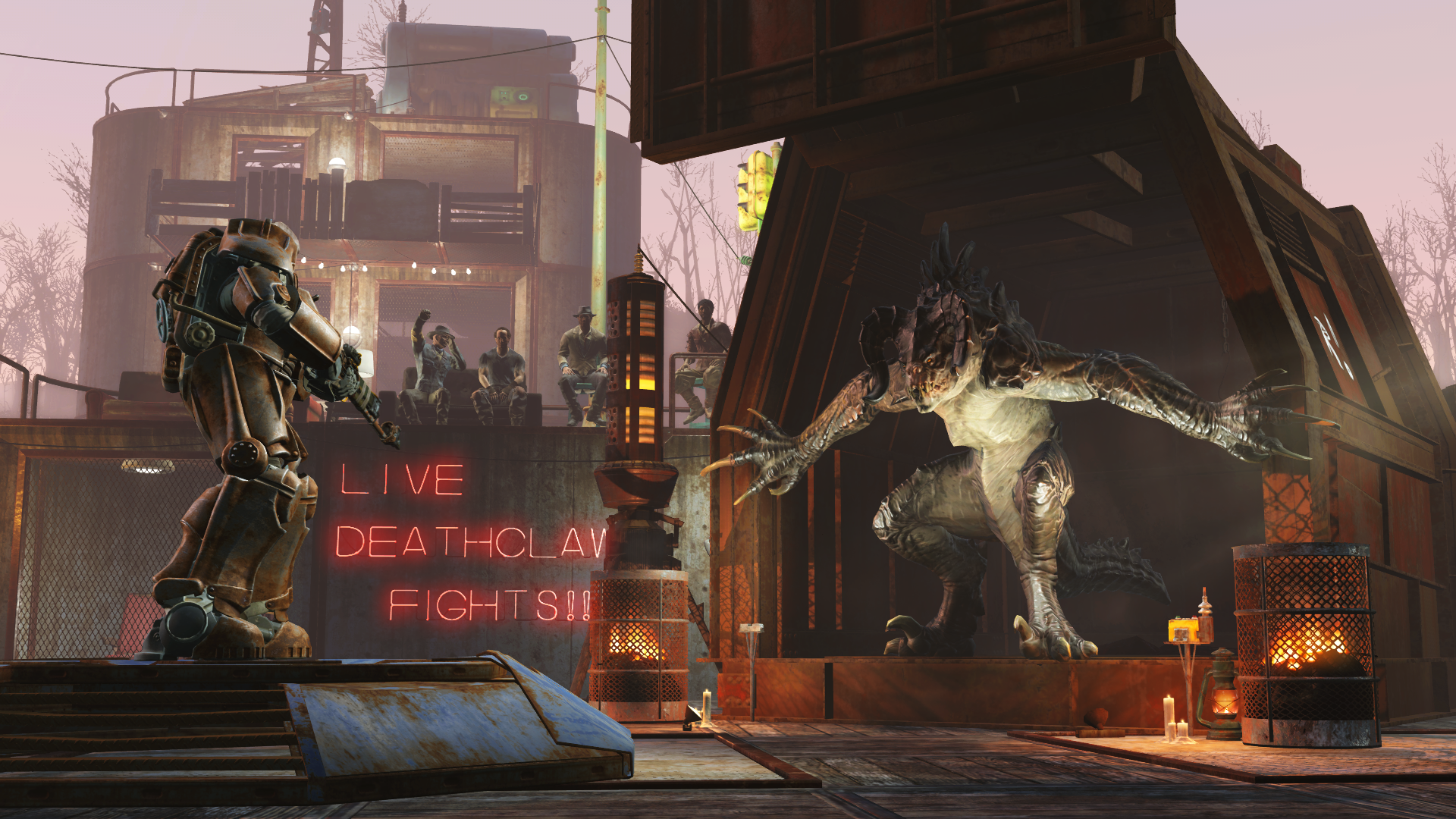 Una scena con un Deathclaw, un'armatura potenziata e spettatori. L'insegna al neon dice 'LIVE DEATHCLAW FIGHTS!!'.