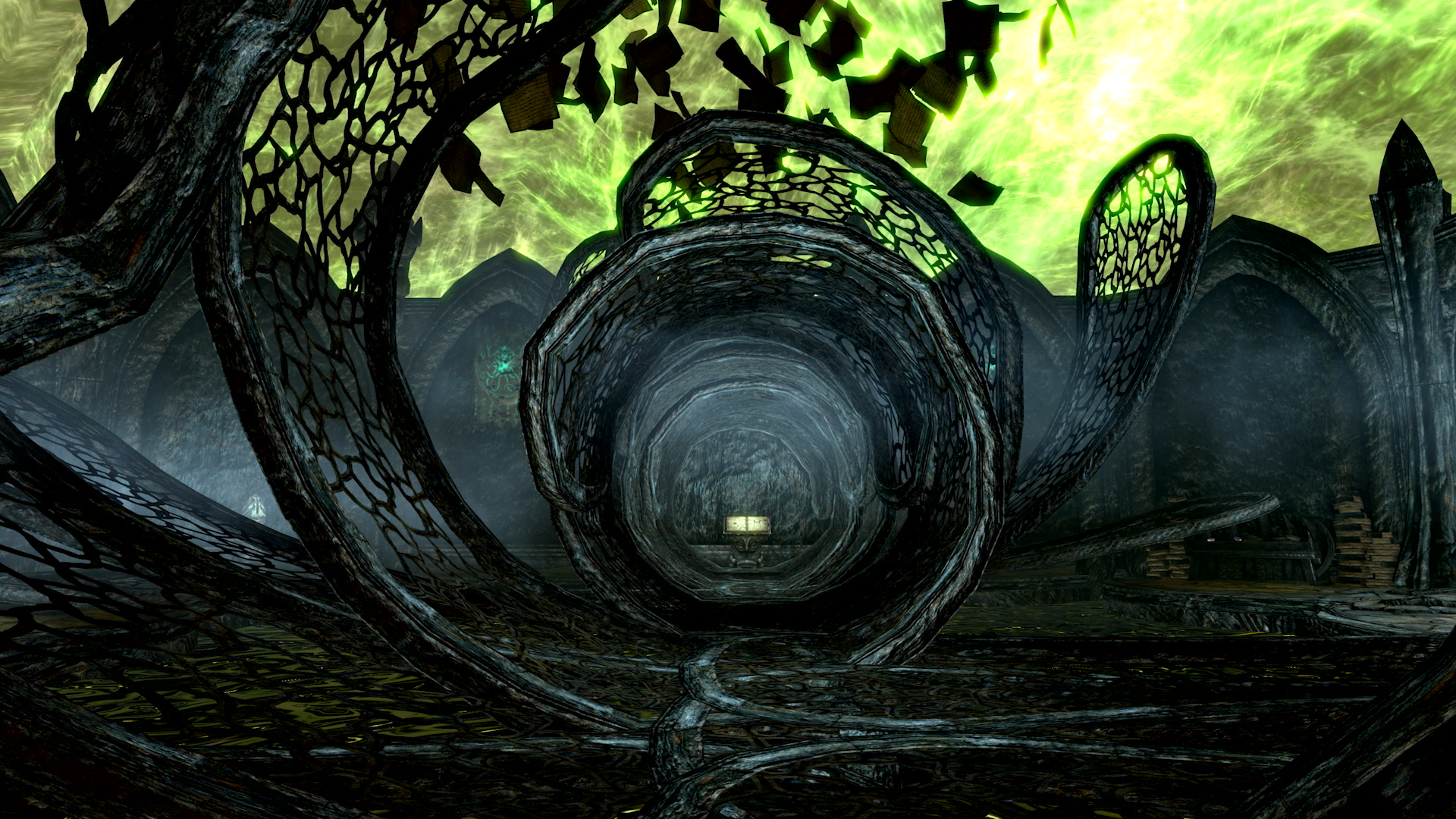Un tunnel oscuro e fantastico con intricate strutture a forma di ragnatela. La luce verde emana dall'alto, illuminando una luce lontana.