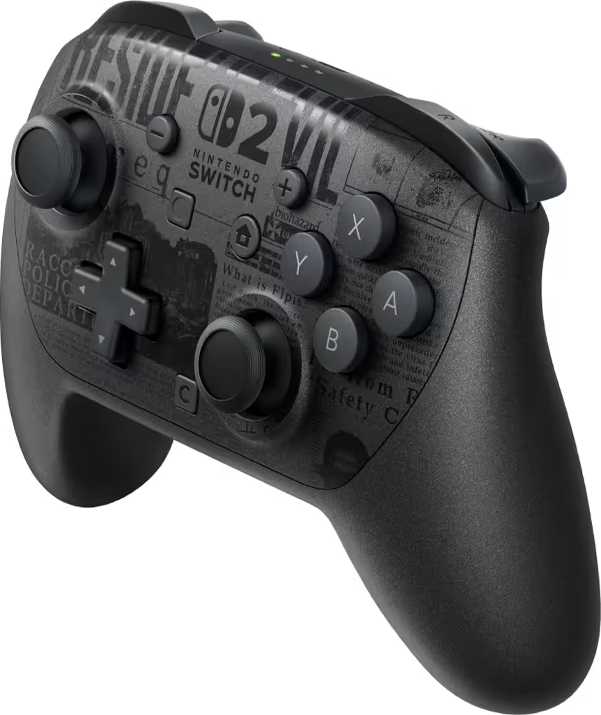 Schwarzer Nintendo Switch Pro Controller. Mit Knöpfen, Analogsticks und einem Steuerkreuz. Text-Overlay mit "Resident Evil 2" und "Raccoon Police."