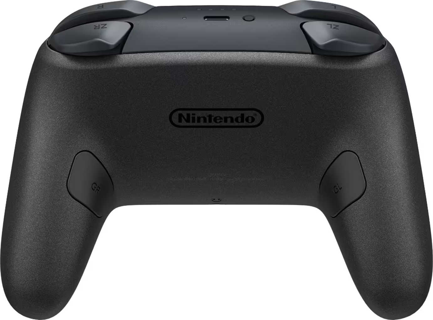 Ein schwarzer Nintendo Switch-Controller mit Knöpfen und dem Nintendo-Logo. Oben befinden sich Auslöser und Seitentasten.