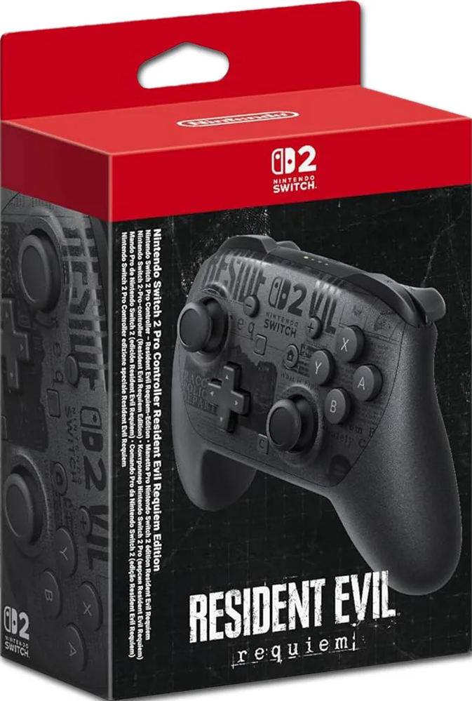 Schachtel eines Nintendo Switch 2 Pro-Controllers. Der Controller ist schwarz mit Resident Evil-Branding. Die Box ist rot und schwarz.