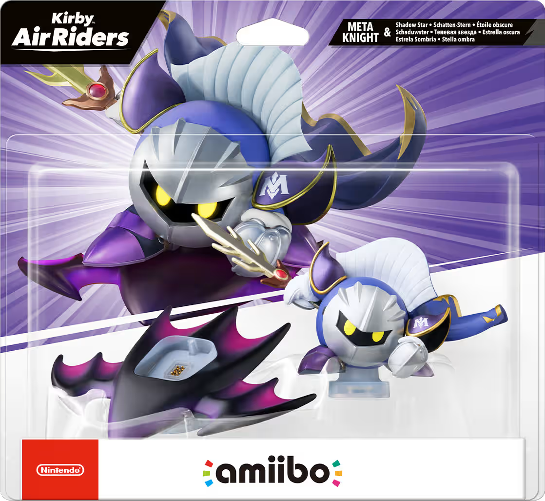 Una figura amiibo di Meta Knight in una confezione. La figura è viola, argento e blu, con una spada. Lo sfondo è bianco e viola.