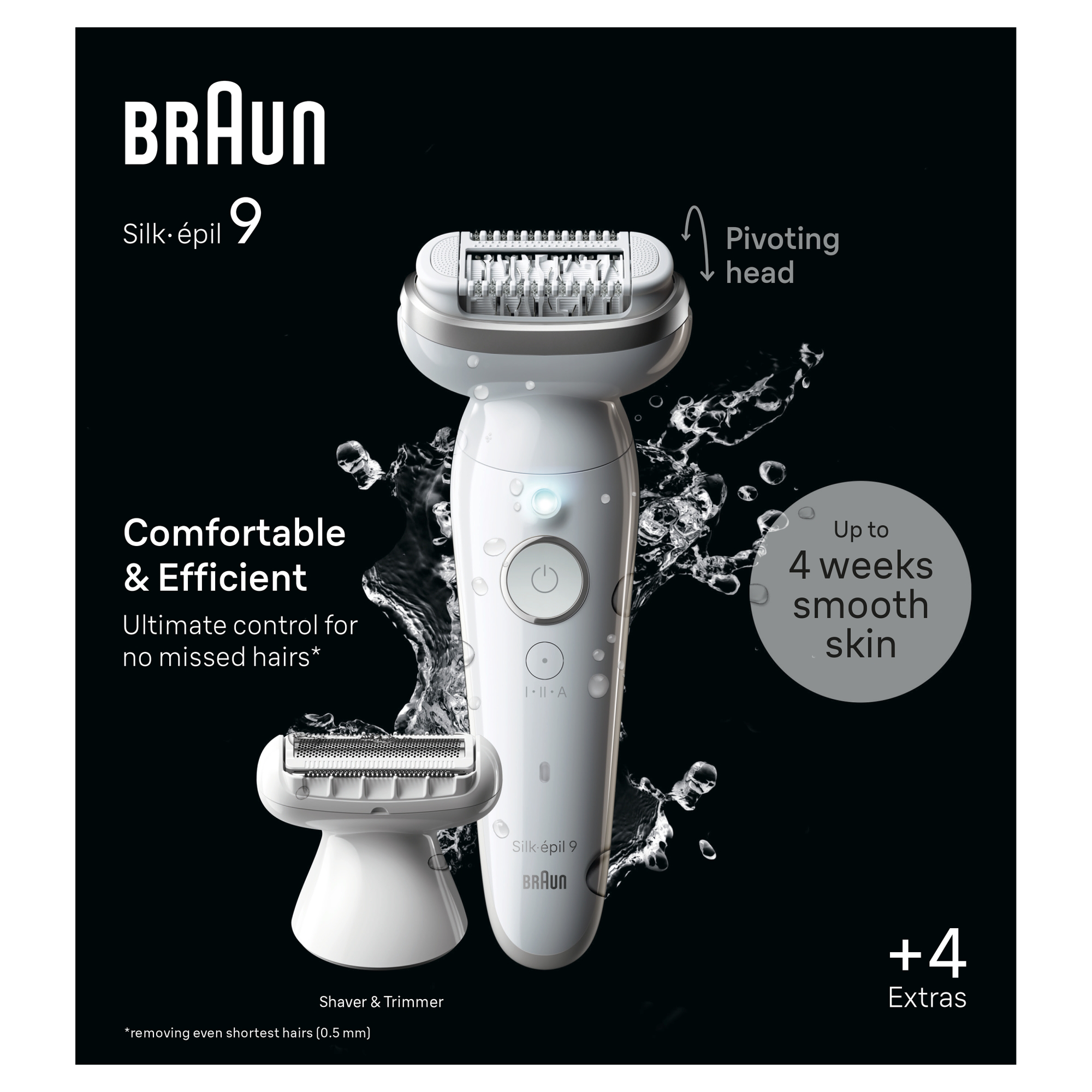 Fehér Braun Silk-épil 9 epilátor borotvával, vízfröccsenés fekete háttéren, szöveg és forgó fej.