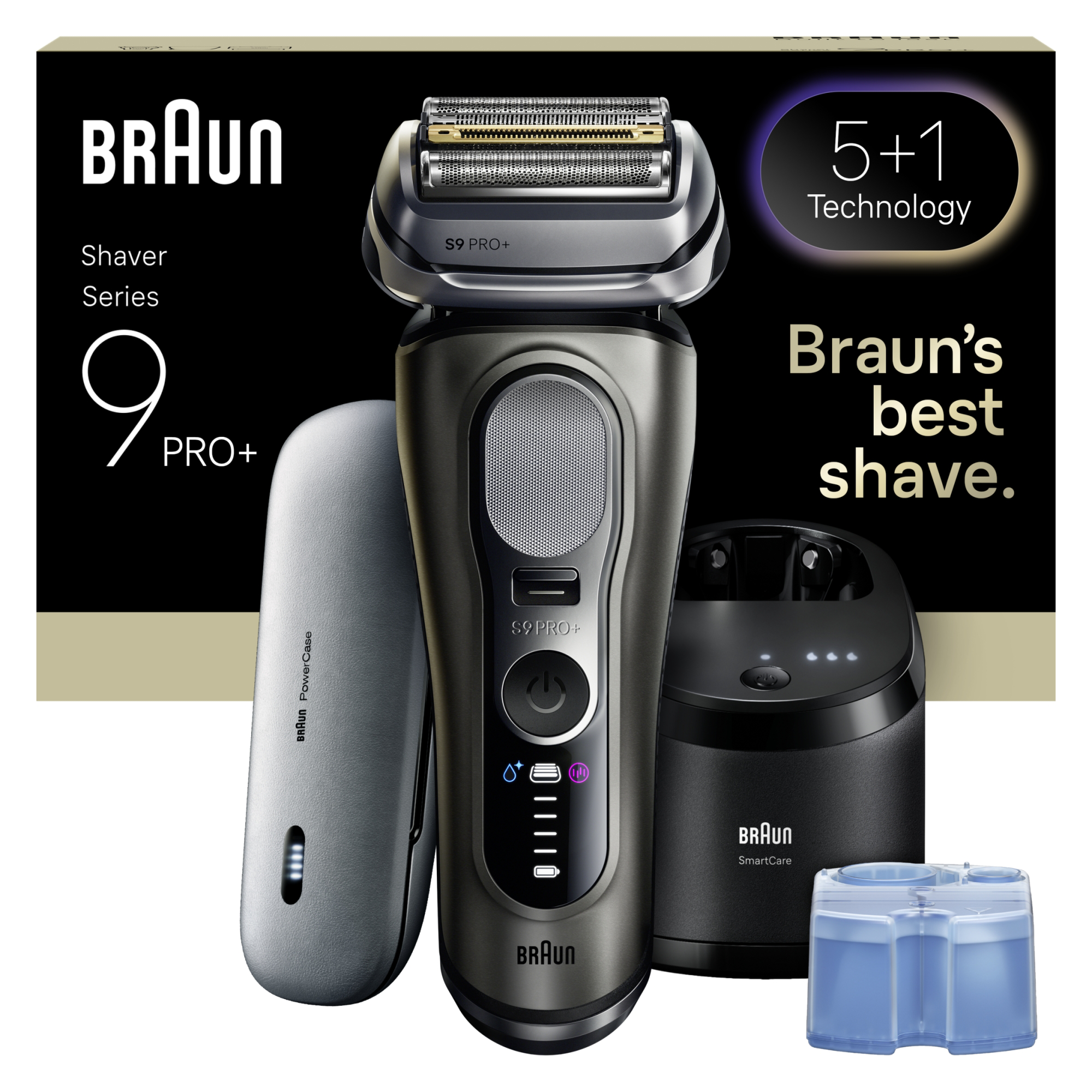 Egy Braun Series 9 Pro+ borotva tartozékokkal: töltőállomás, tisztítóoldat és utazótok, fekete háttér előtt.
