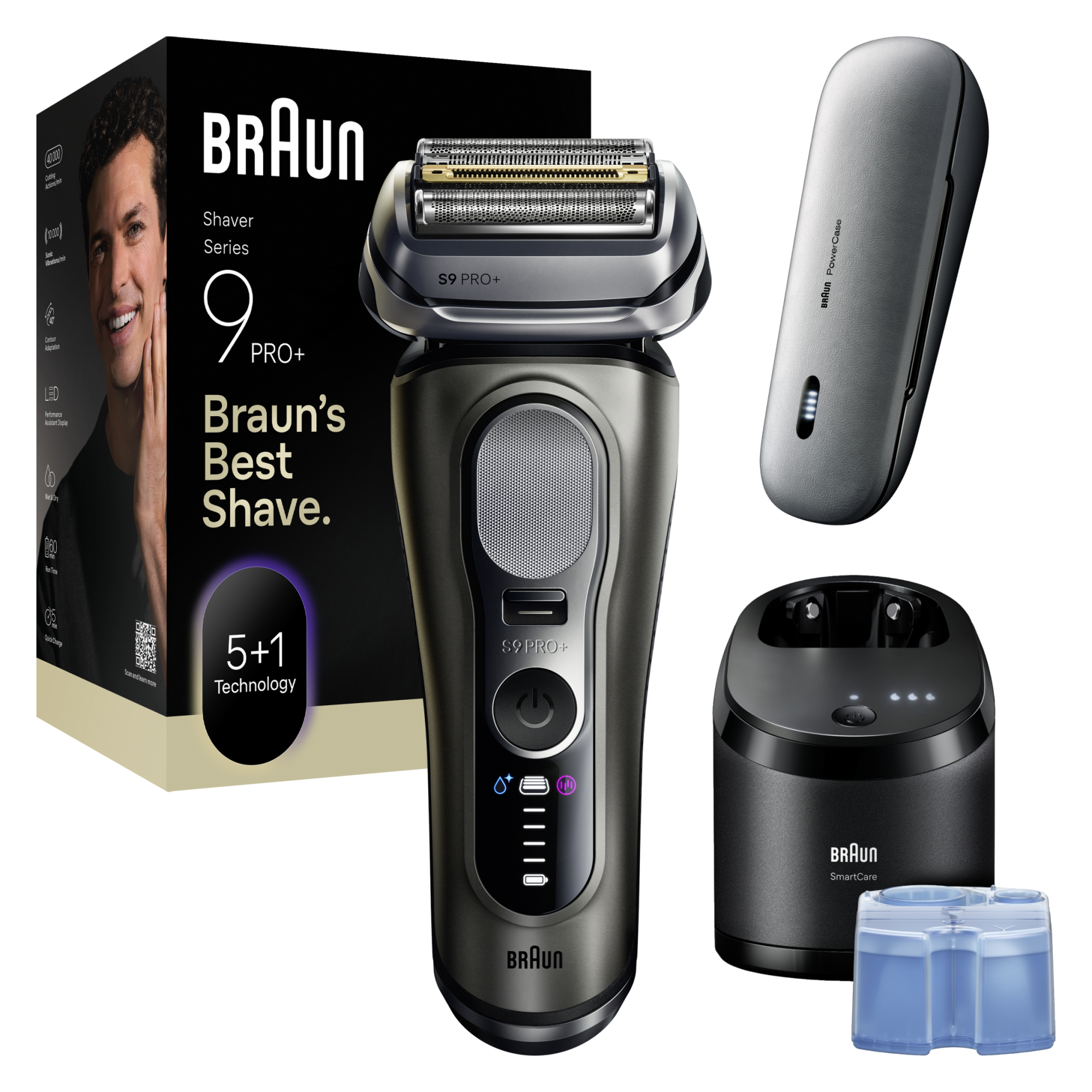 Egy Braun Series 9 Pro+ borotva, töltőtok, állvány és tisztítóoldat látható. A dobozon egy férfi arca van.