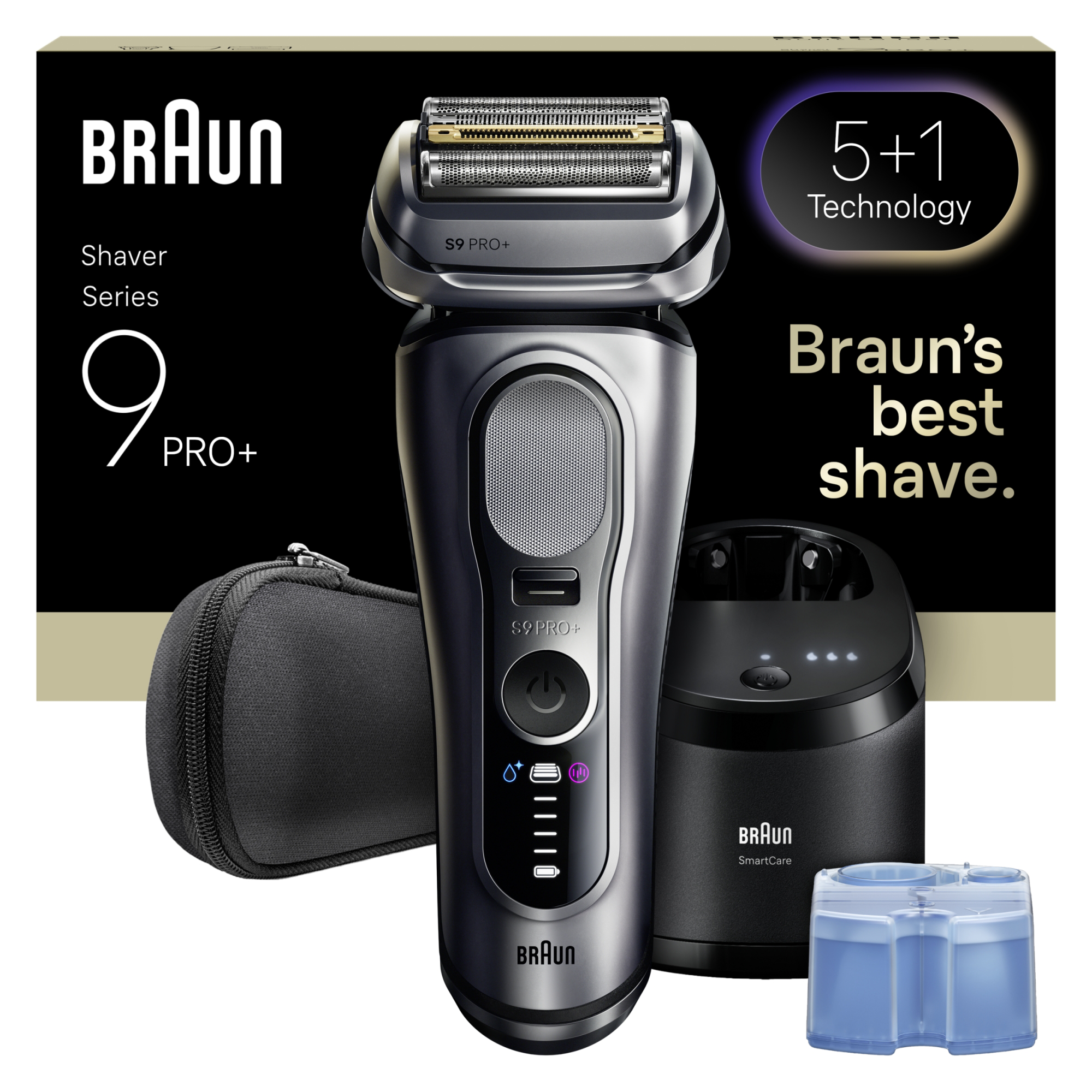 Egy Braun Series 9 Pro+ borotva, töltőállomás, tisztítóoldat és utazótáska látható fekete háttéren.