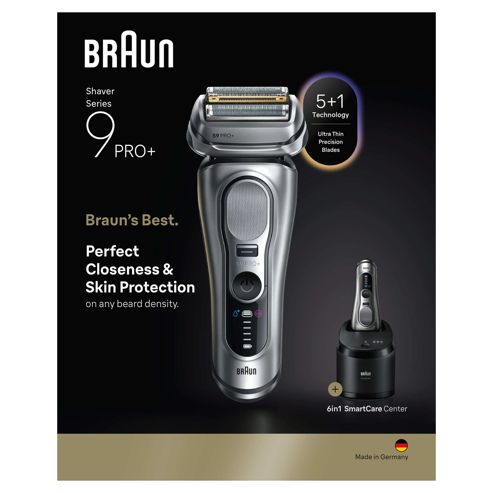 A kép egy Braun Series 9 Pro+ borotvát, egy töltőállványt és a funkcióiról szóló szöveget mutat fekete háttéren.