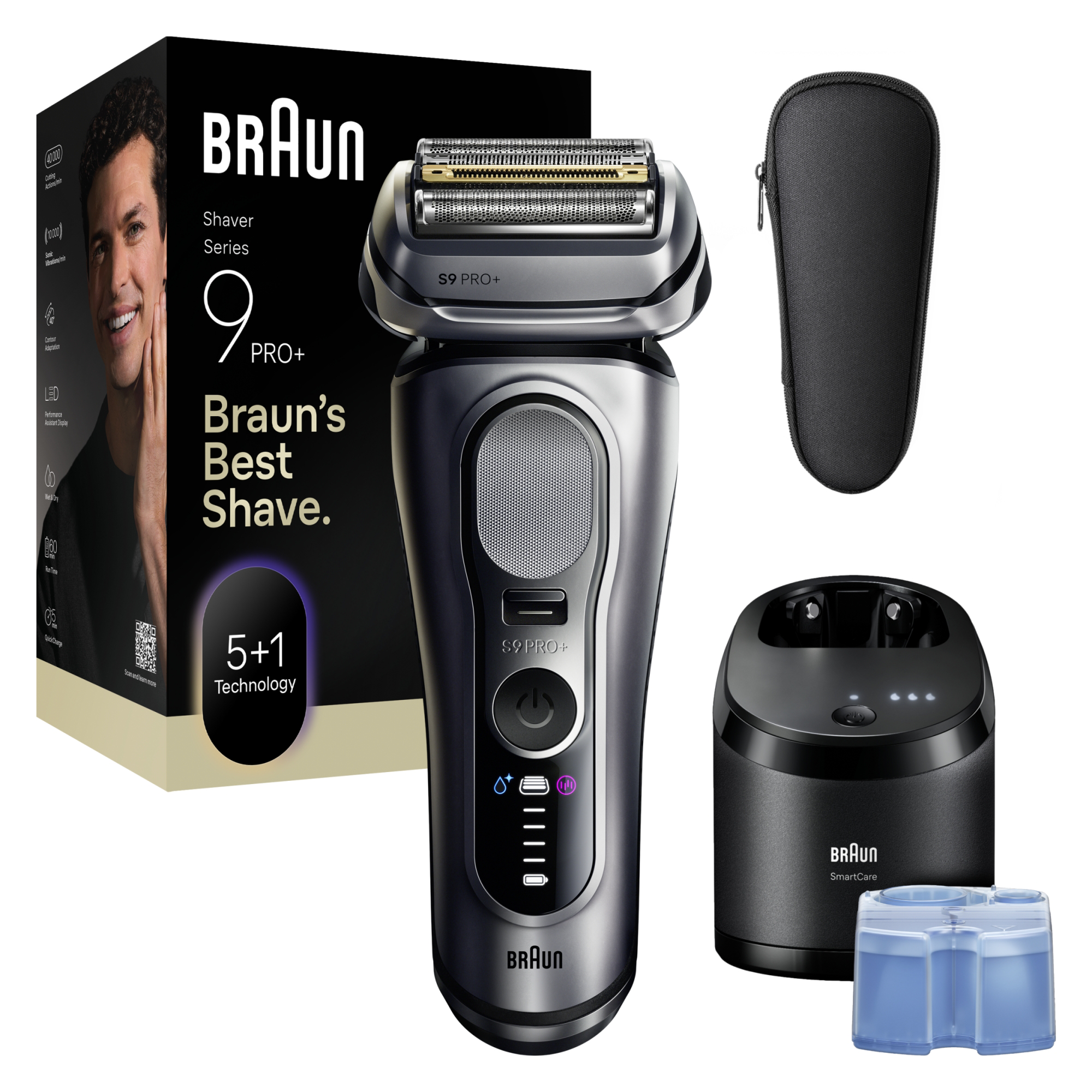 A képen egy Braun Series 9 Pro+ borotva, egy fekete tok, egy töltőállomás és egy tisztítópatron látható.