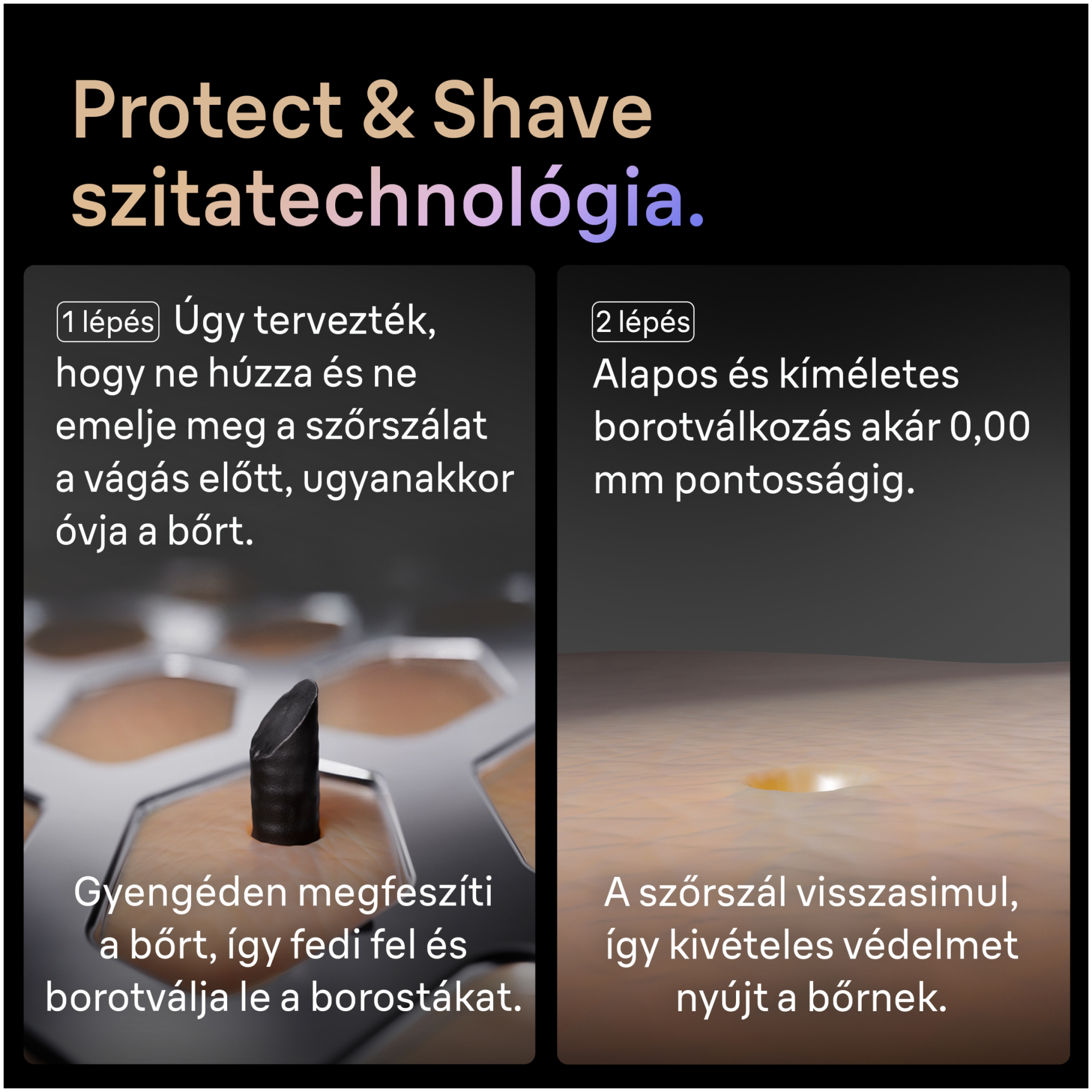 A kép egy borotvát és a bőr közeli képét mutatja. A szöveg a borotválkozási technológiát írja le, hangsúlyozva a bőr védelmét és a pontosságot.