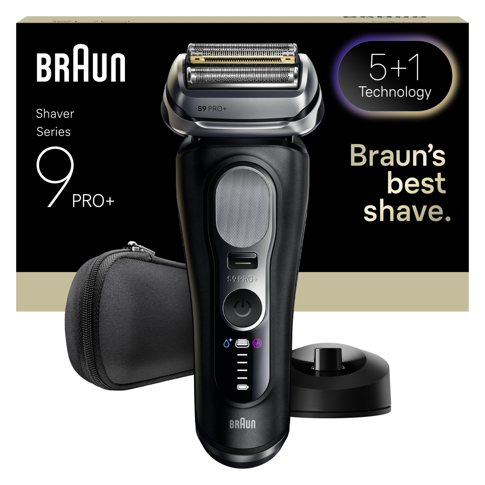 Egy Braun Series 9 Pro+ borotva fekete utazótokkal, töltőállomással és promóciós szöveggel fekete háttéren.