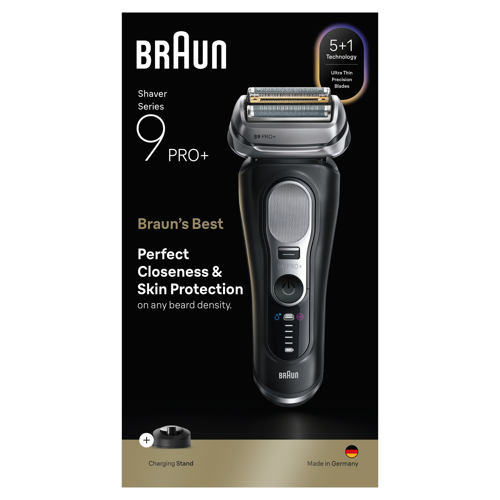Fekete Braun Series 9 Pro+ borotva, töltőállvány és szöveg. Jellemzői a pengék és a bekapcsológomb.