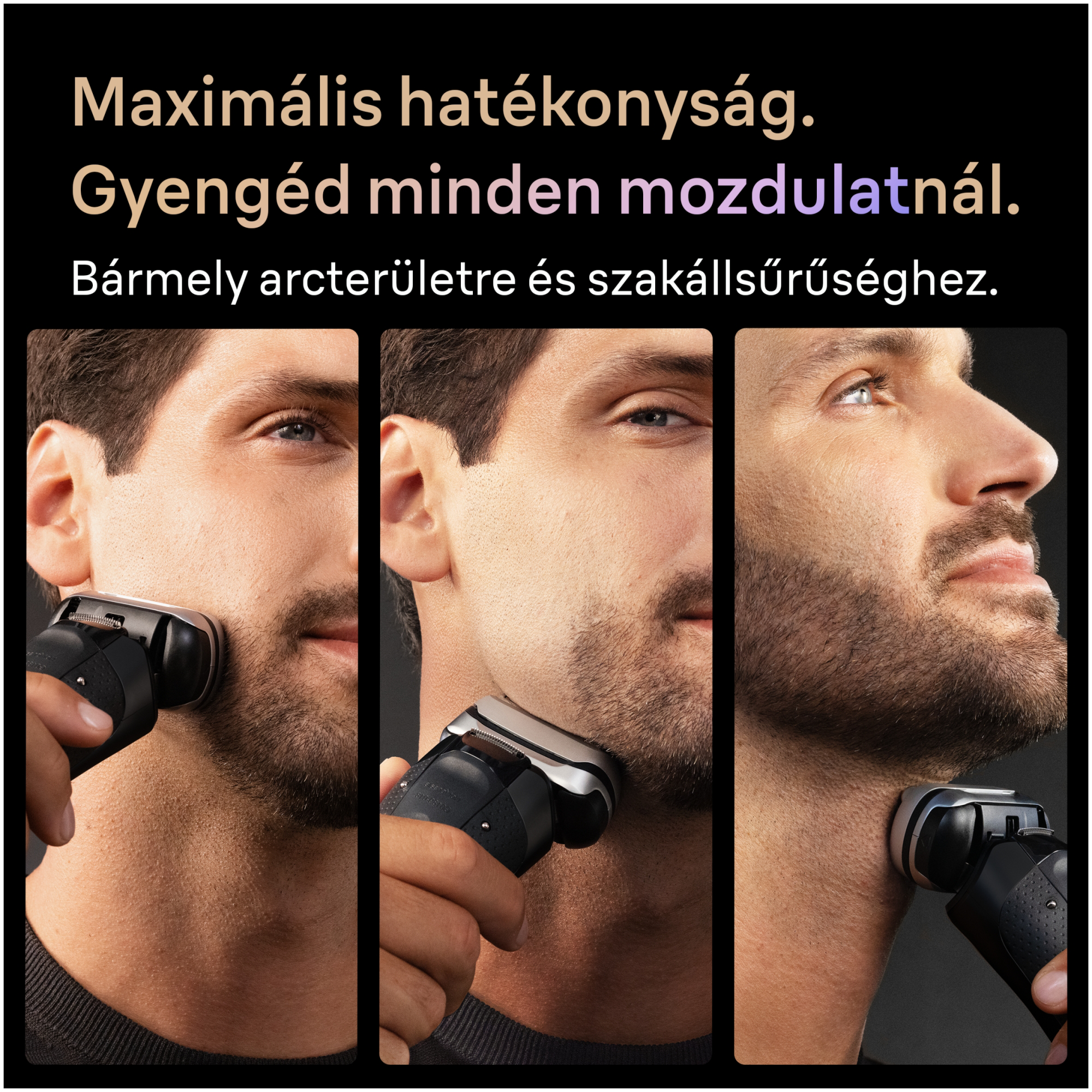 Egy férfi elektromos borotvával borotválkozik. A kép három részre oszlik, a borotválkozás különböző területeit mutatva.