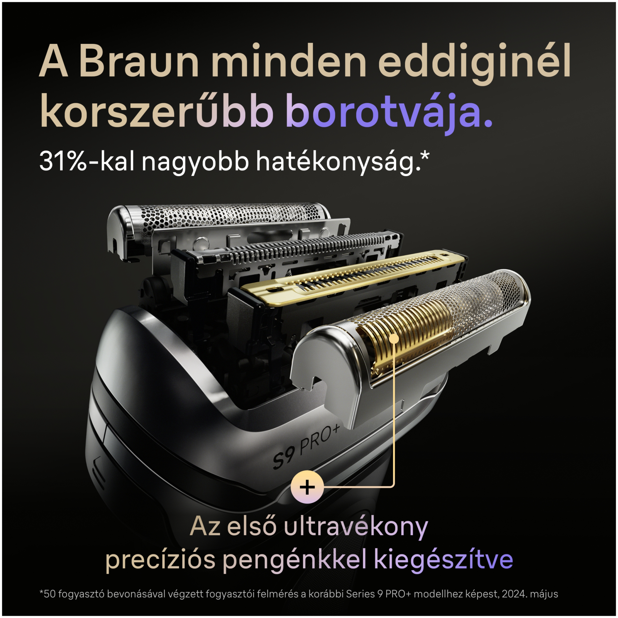 A Braun elektromos borotva közeli képe, kiemelve az alkatrészeit. A szöveg szerint: 'A valaha volt legfejlettebb borotva.'