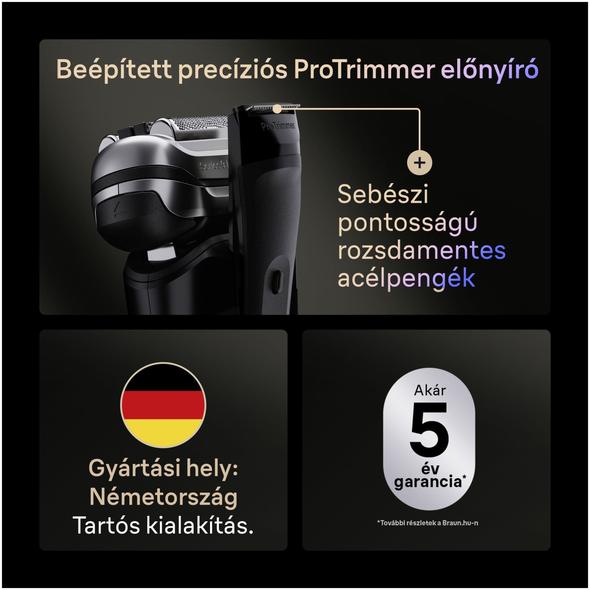 A kép egy borotvát mutat ProTrimmerrel, rozsdamentes acél pengékkel, garanciával és német eredettel.