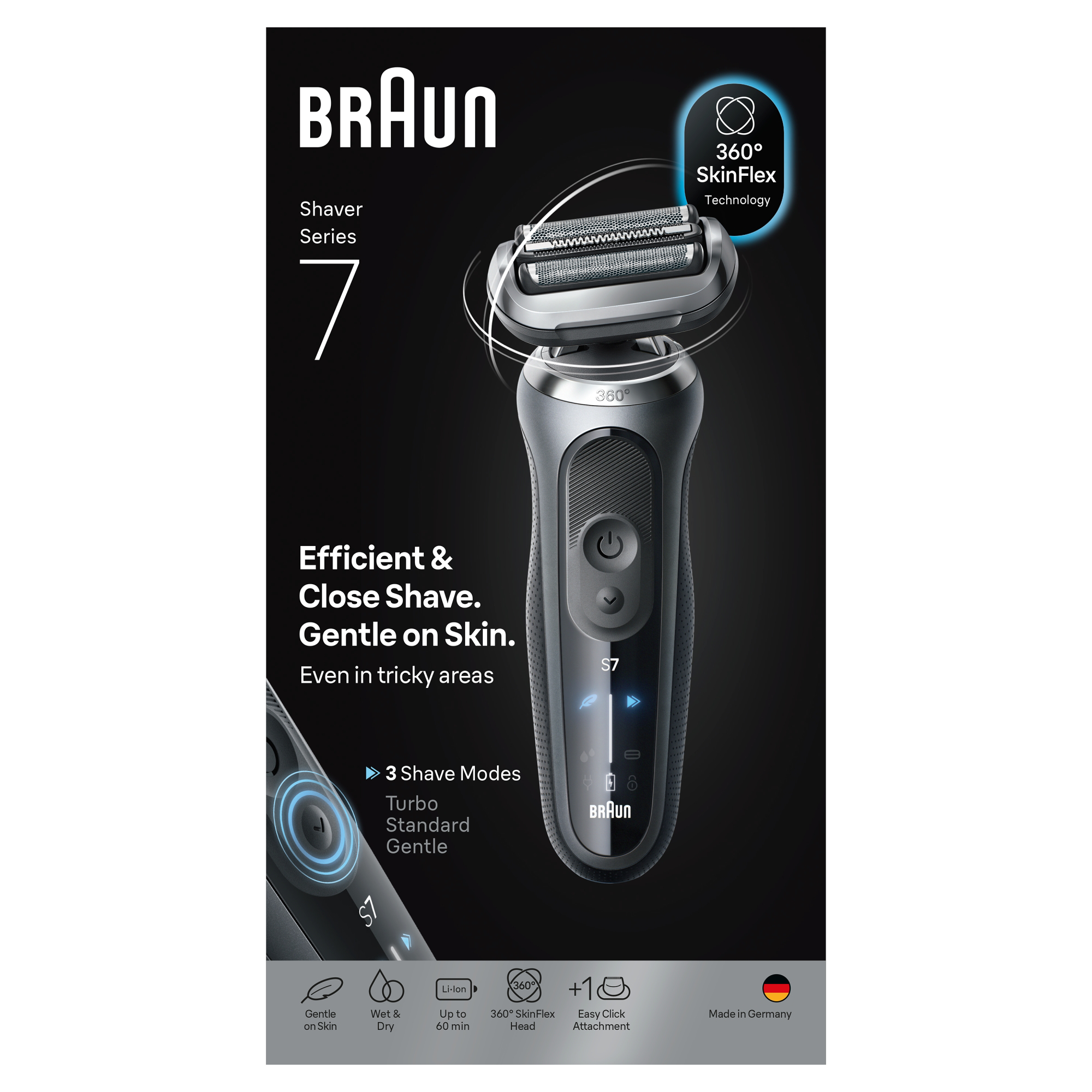 Braun Series 7 elektromos borotva. Jellemzők: 360° SkinFlex, 3 borotválkozási mód, Németországban készült.