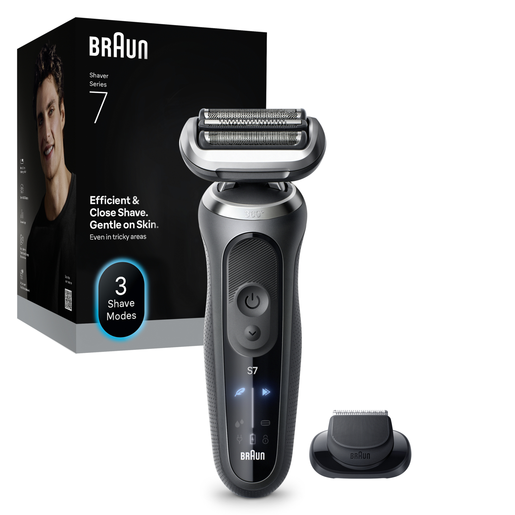Egy Braun Series 7 elektromos borotva fekete dobozzal, egy férfi arcával és termékadatokkal, fehér háttéren.