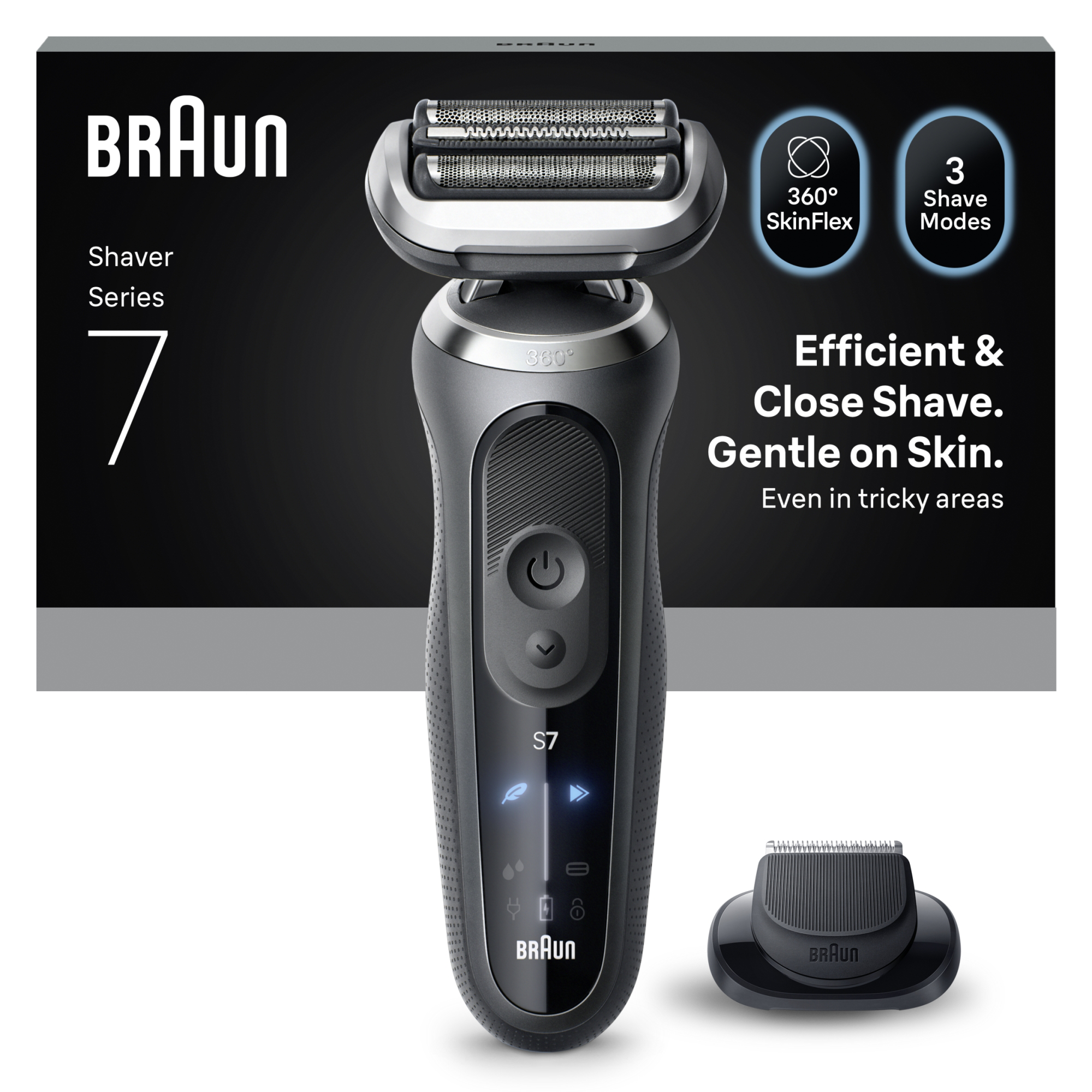 Egy Braun Series 7 elektromos borotva. Fekete és ezüst színű, 3 borotválási móddal és 360 SkinFlex címkével. Egy trimmelő mellette.