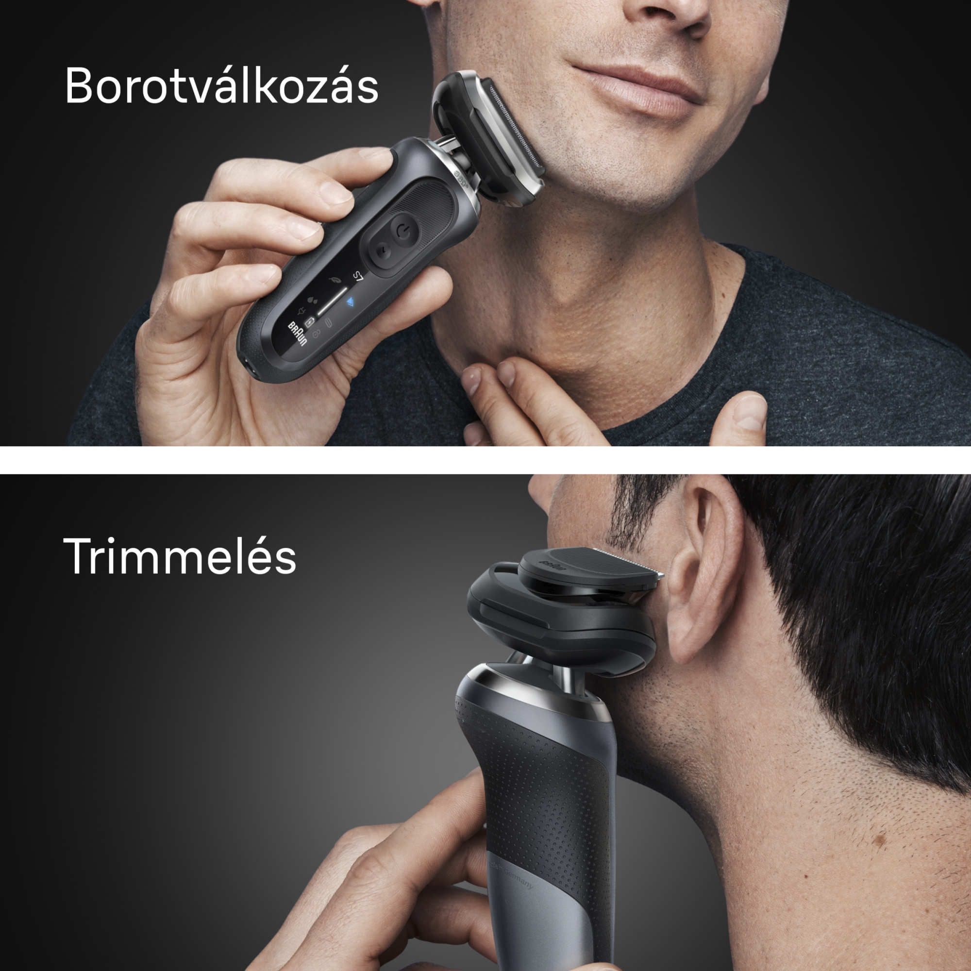Egy férfi fekete-szürke elektromos borotvával borotválkozik. A kép két különböző borotválkozási pozíciót mutat.