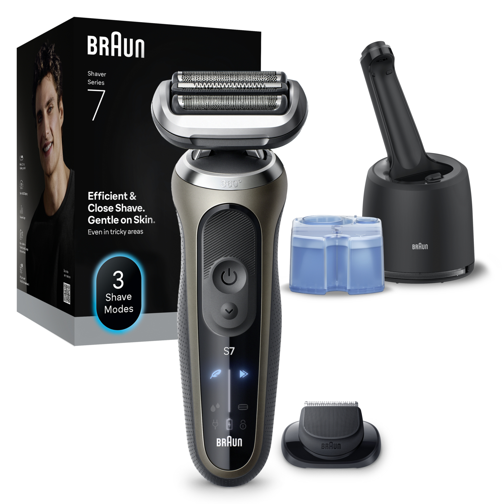 Braun Series 7 elektromos borotva tartozékokkal, töltőállomással és tisztítópatronokkal, fehér háttéren.