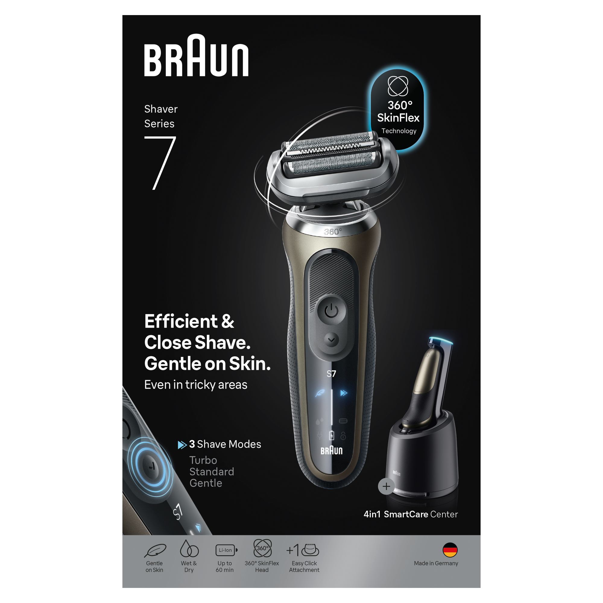 A kép egy Braun Series 7 elektromos borotvát mutat, töltőállomással és olyan funkciókkal, mint a 360° SkinFlex.