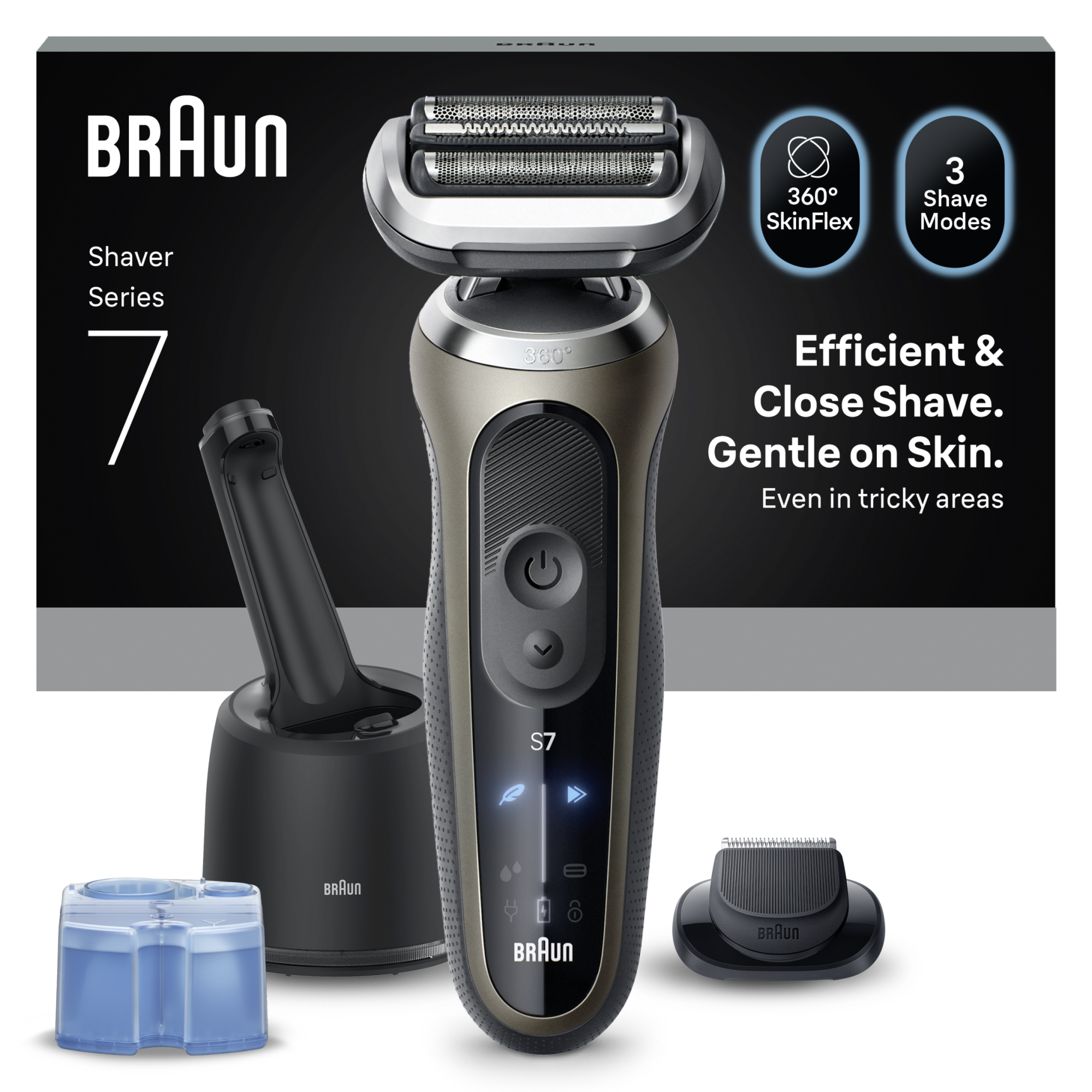 Egy Braun Series 7 elektromos borotva tartozékokkal, tisztítóállomással, cserélhető fejjel, fehér felületen.