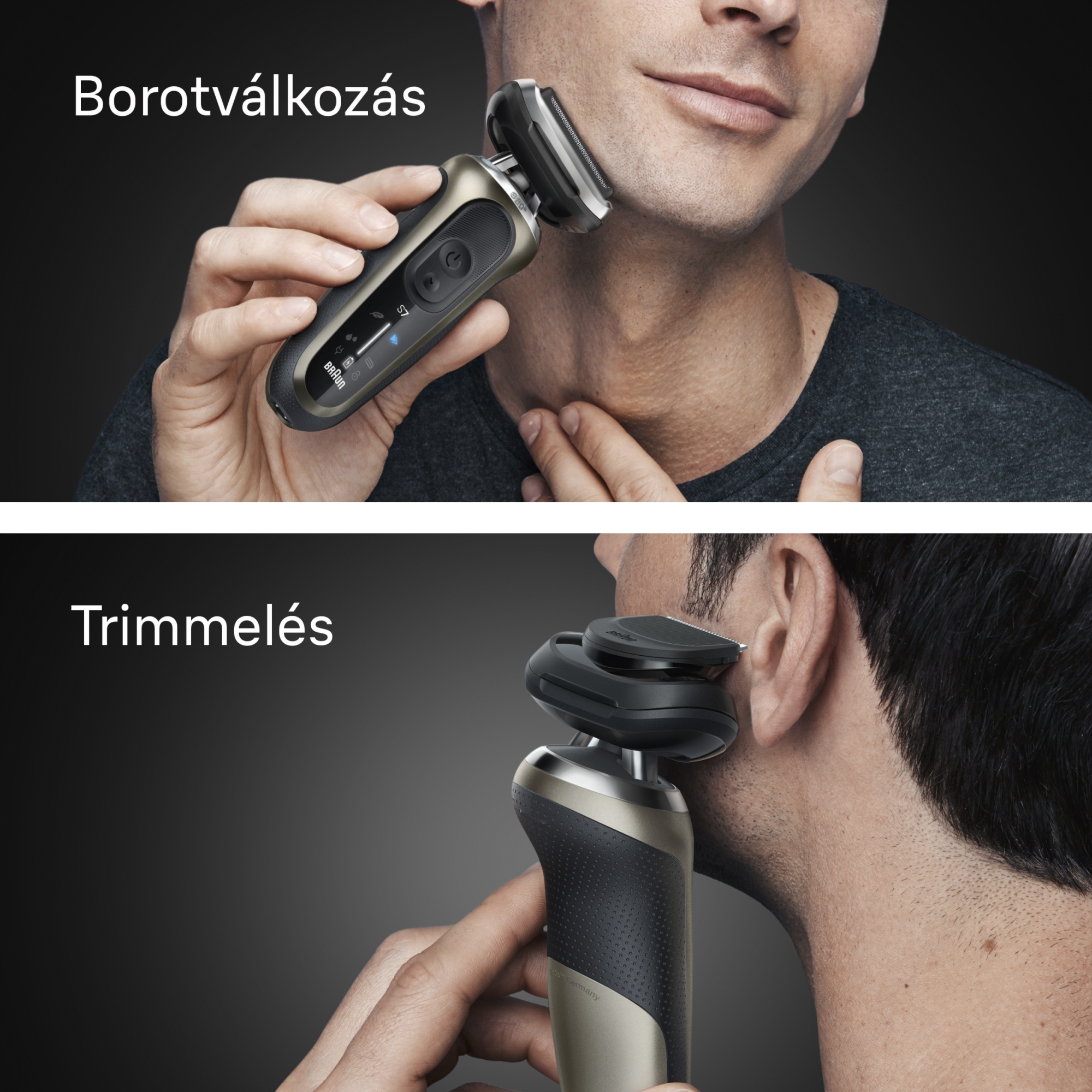 Egy férfi elektromos borotvával borotválkozik. Felül borotválkozás, alul nyírás, mindkettő a terméket mutatja.
