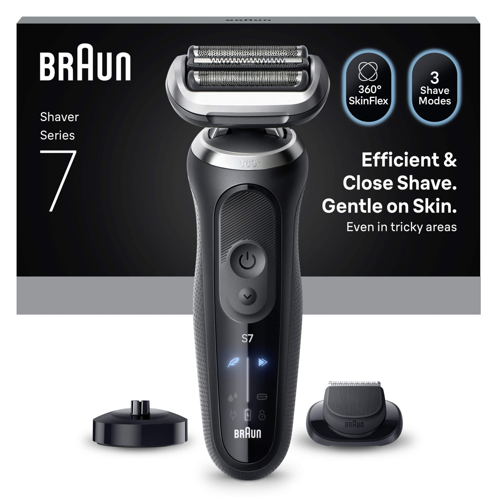 Egy Braun Series 7 elektromos borotva. Fekete, ezüstös részletekkel. Tartalmaz egy töltőállványt és egy trimmelő fejet.