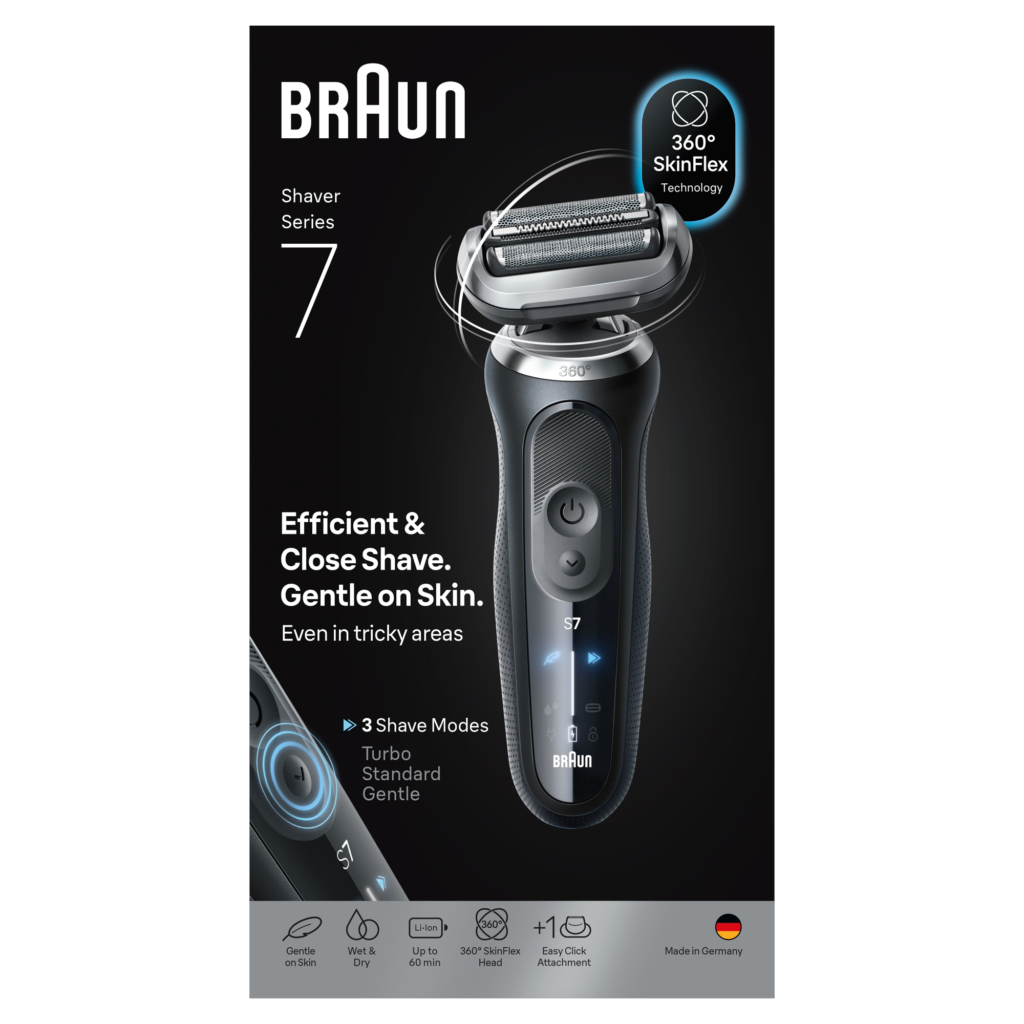Braun Series 7 elektromos borotva. Fekete-ezüst dizájn, termékjellemzőkkel és márkajelzéssel.