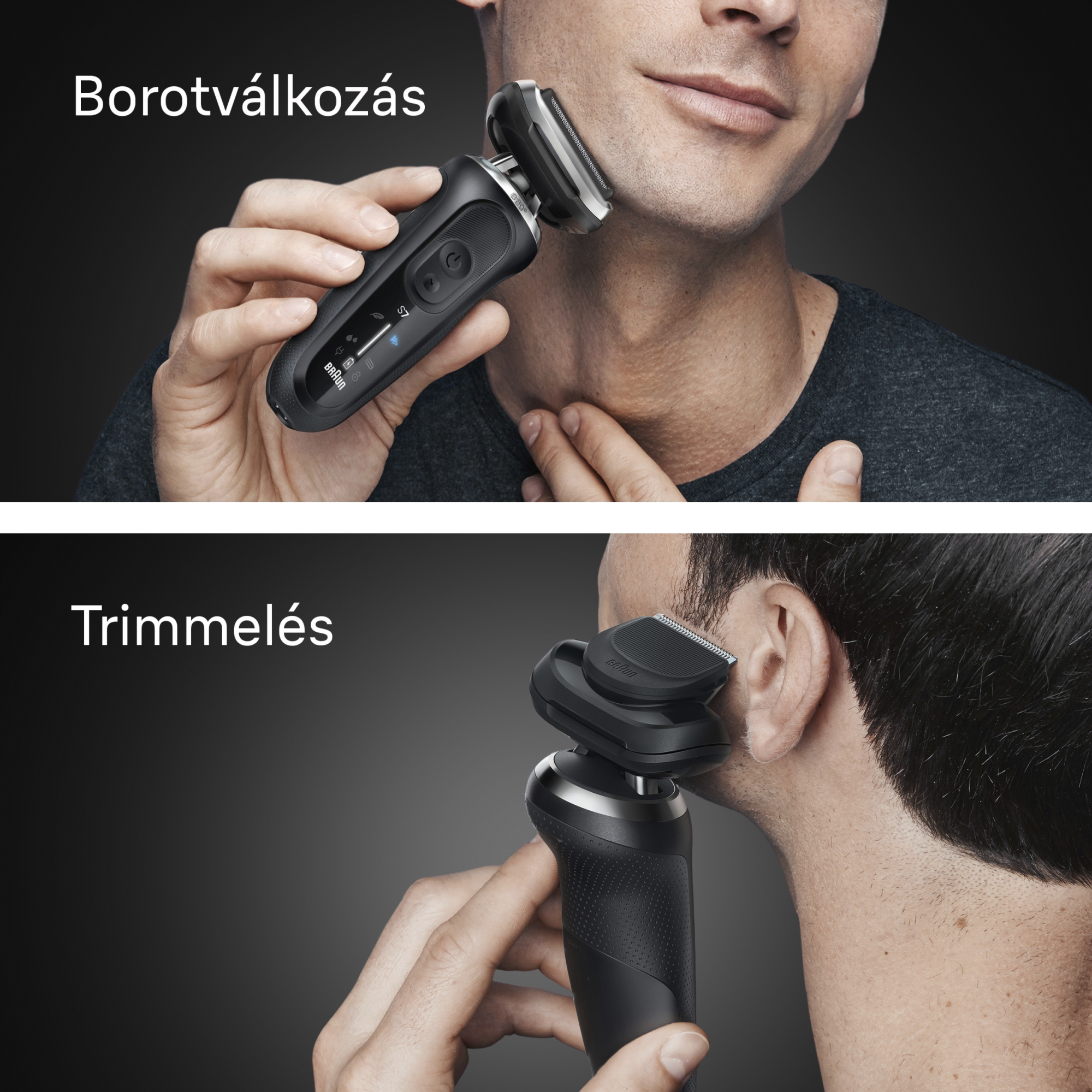 Egy férfi fekete elektromos borotvával borotválkozik. A kép fel van osztva az arc borotválására és a nyak nyírására.