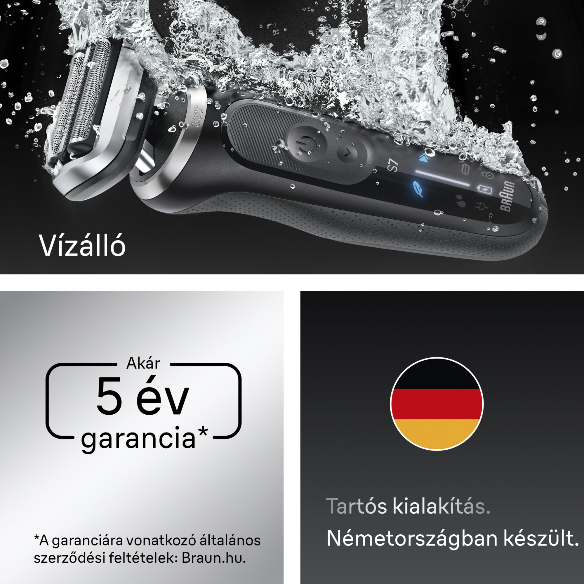 Braun Series 7 elektromos borotva vízben, garanciával és Németországban készült információval.
