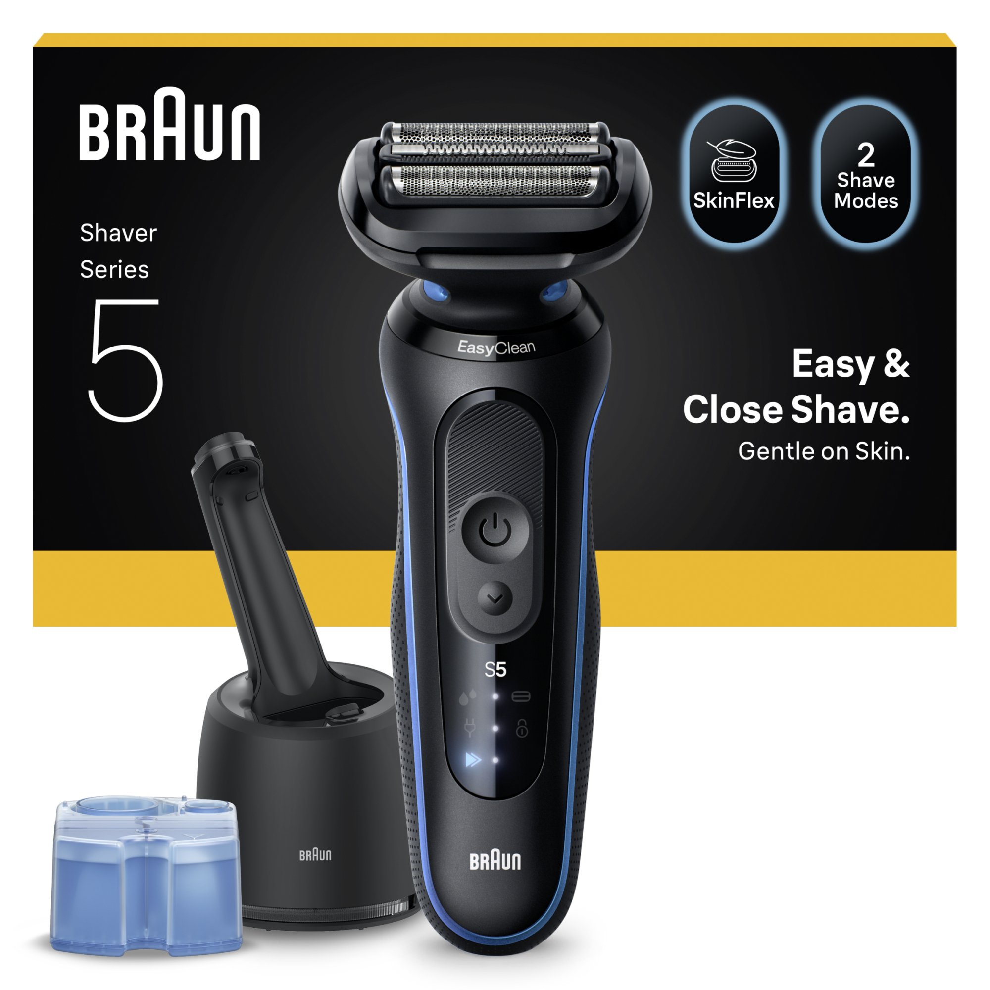 Egy Braun Series 5 elektromos borotva töltőállvánnyal és tisztítópatronokkal. SkinFlex és 2 borotválkozási móddal rendelkezik.